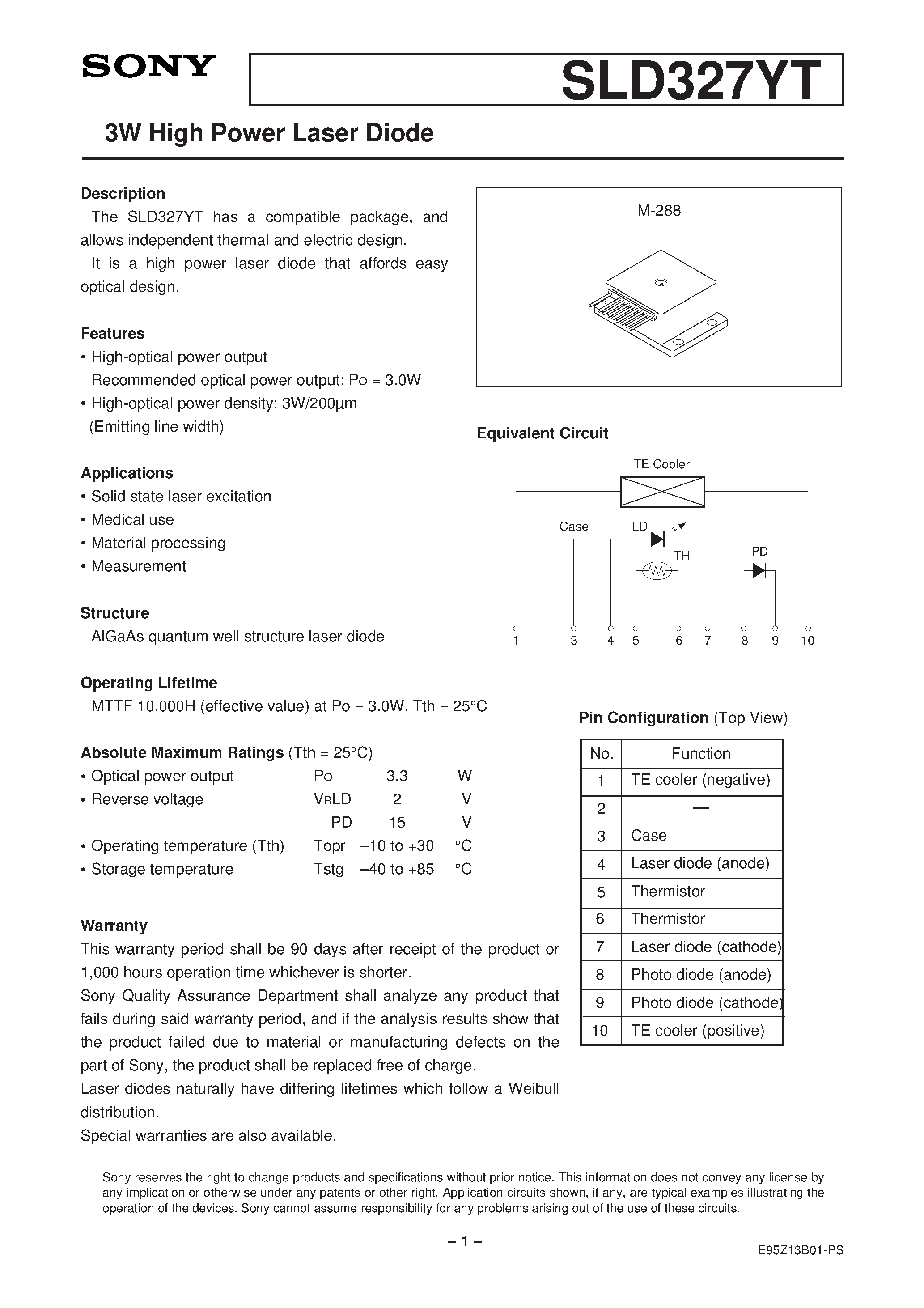 Datasheet SLD327YT-1 - 3W High Power Laser Diode page 1