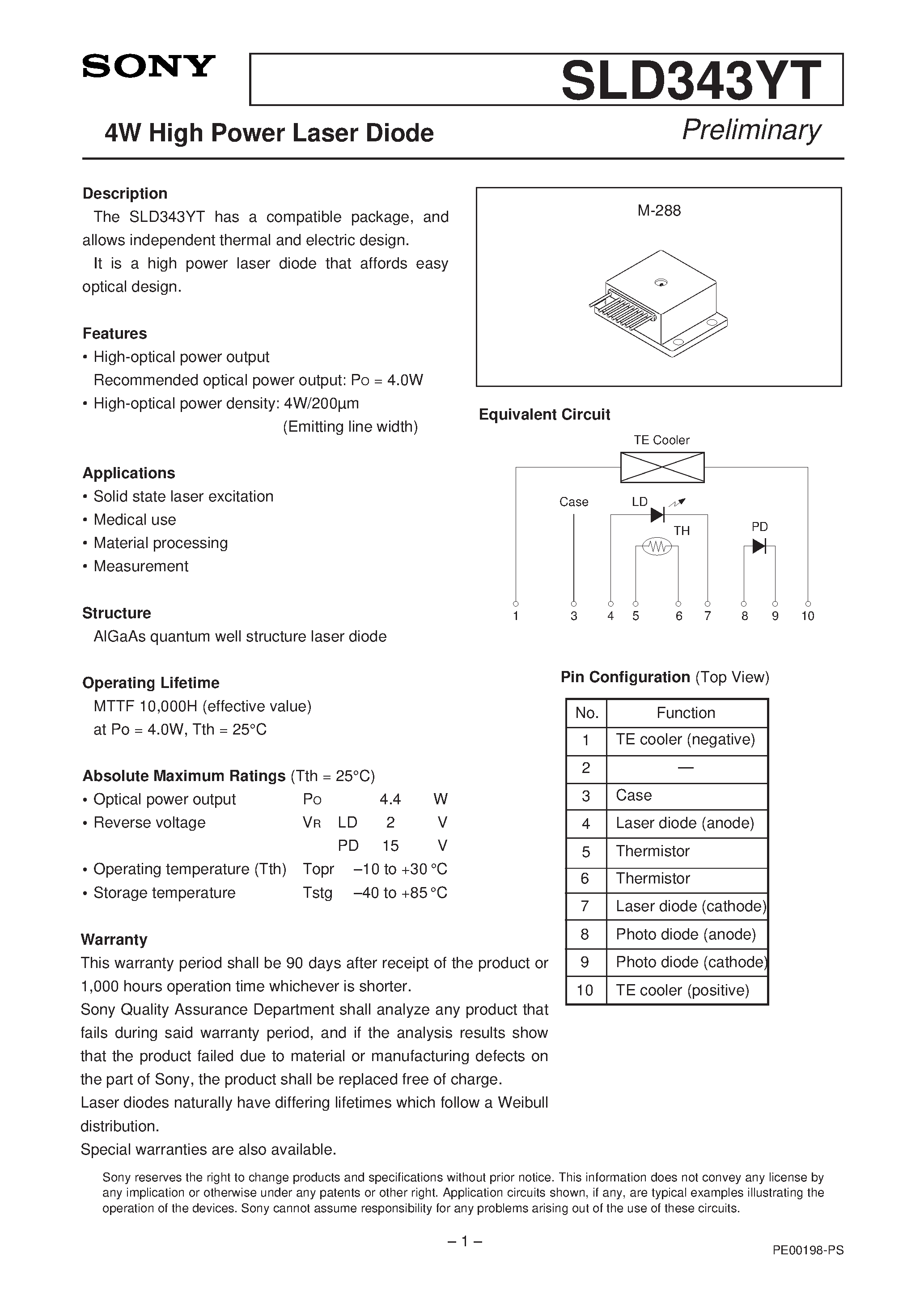 Datasheet SLD343YT-2 - 4W High Power Laser Diode page 1