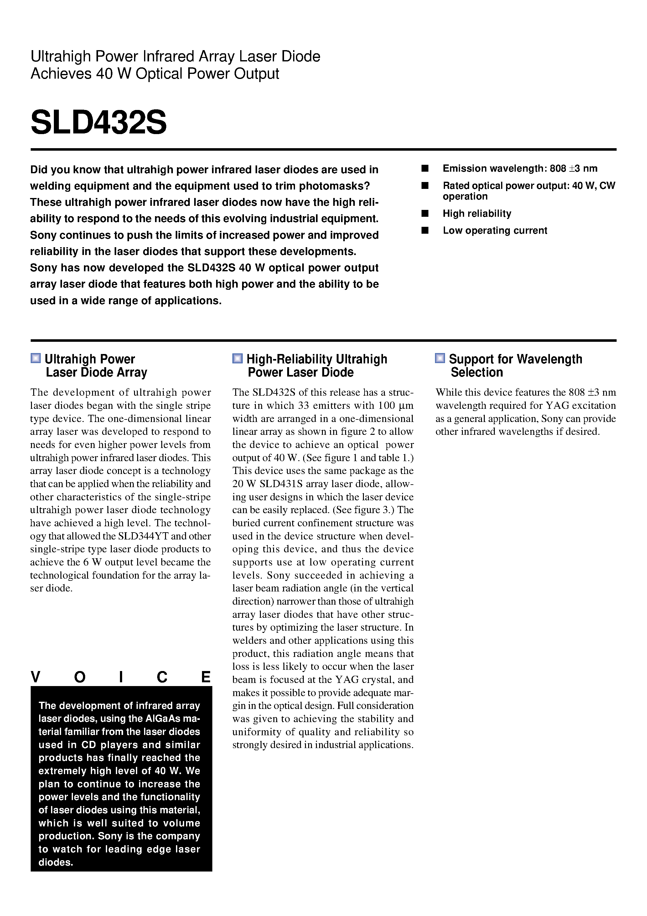 Даташит SLD432S - Ultrahigh Power Infrared Array Laser Diode Achieves 40 W Optical Power Output страница 1