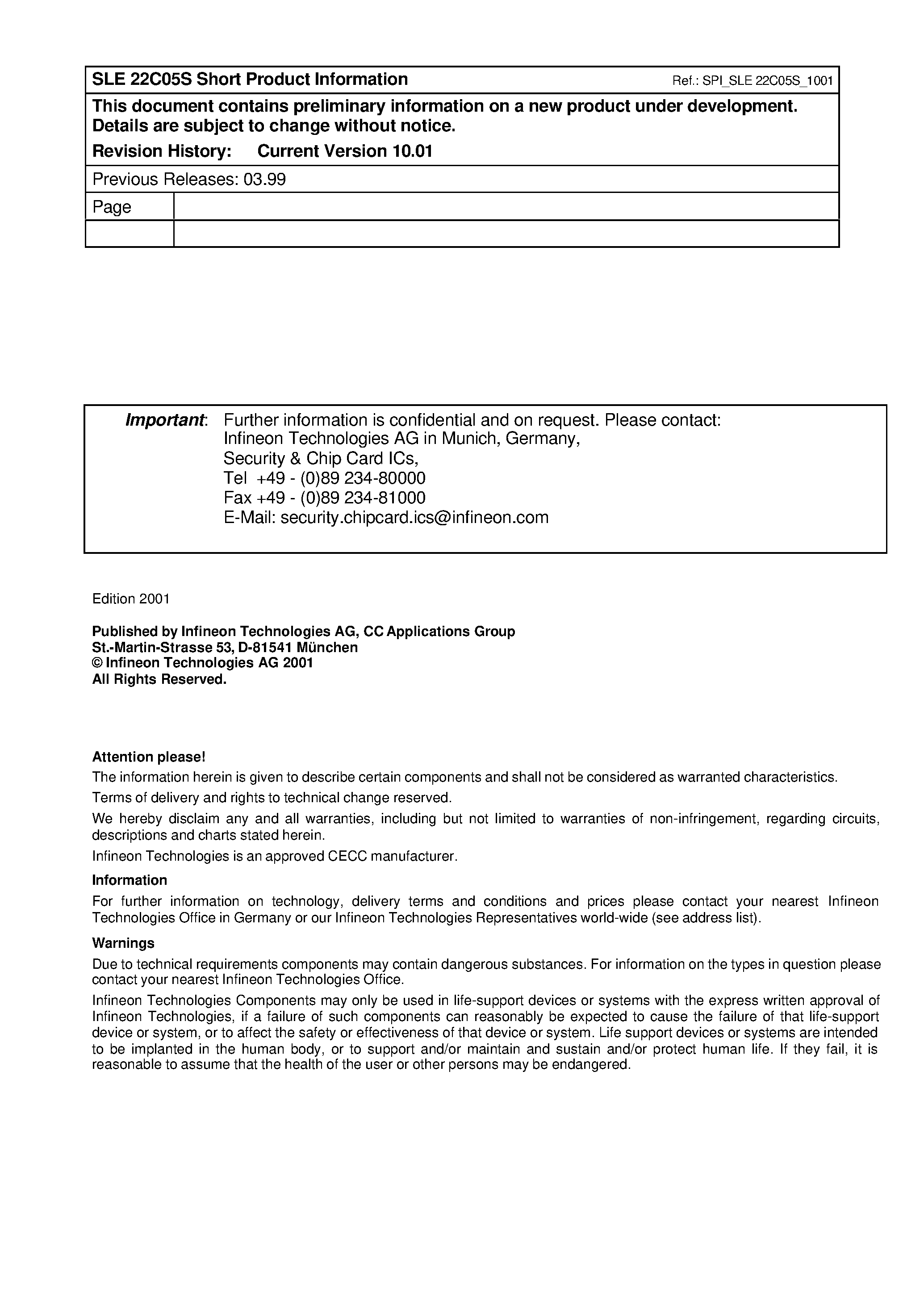 Datasheet SLE22C05S-C - Security & Chip Card ICs page 2