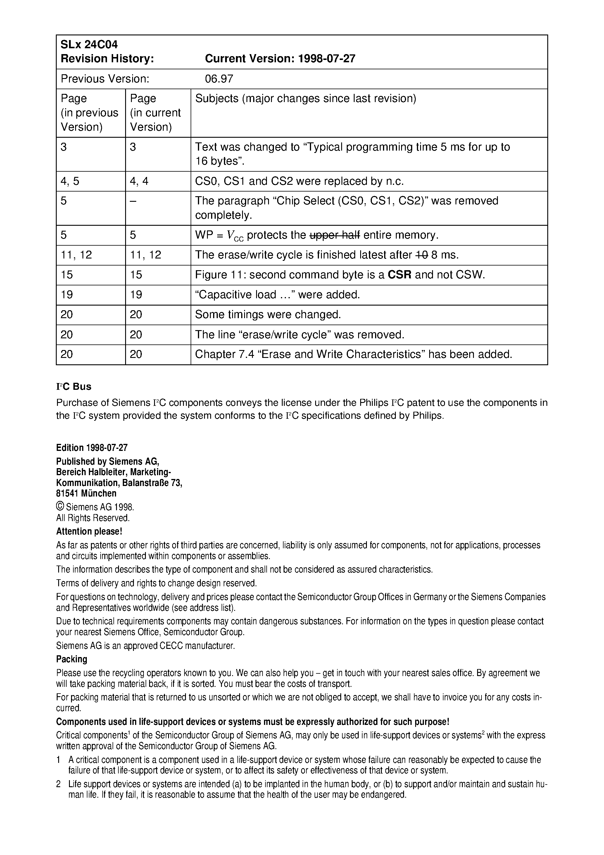 Datasheet SLE24C04-D - 4 Kbit 512 x 8 bit Serial CMOS EEPROMs/ I2C Synchronous 2-Wire Bus page 2