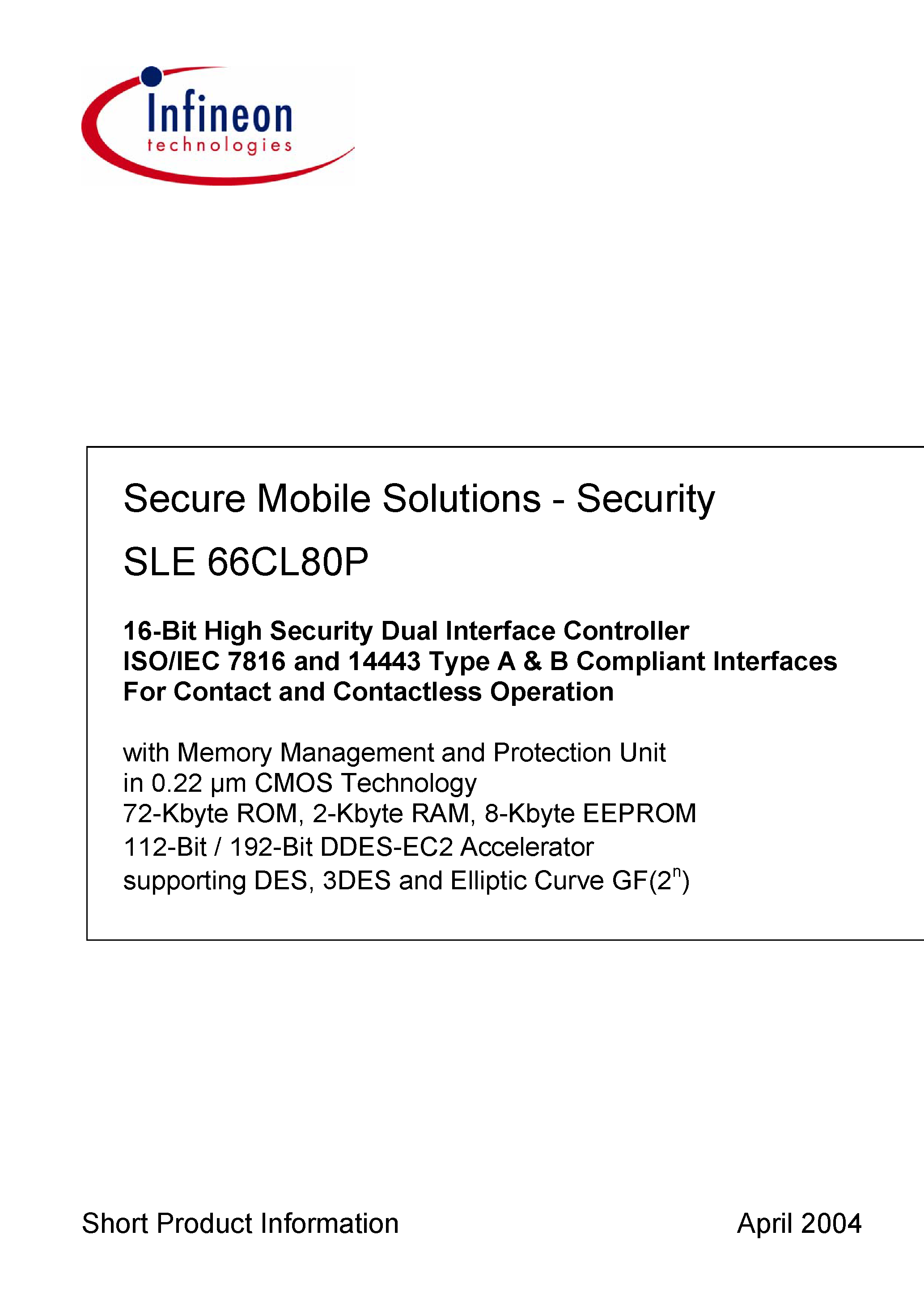 Datasheet SLE66CL80P-C - Secure Mobile Solutions - Security page 1