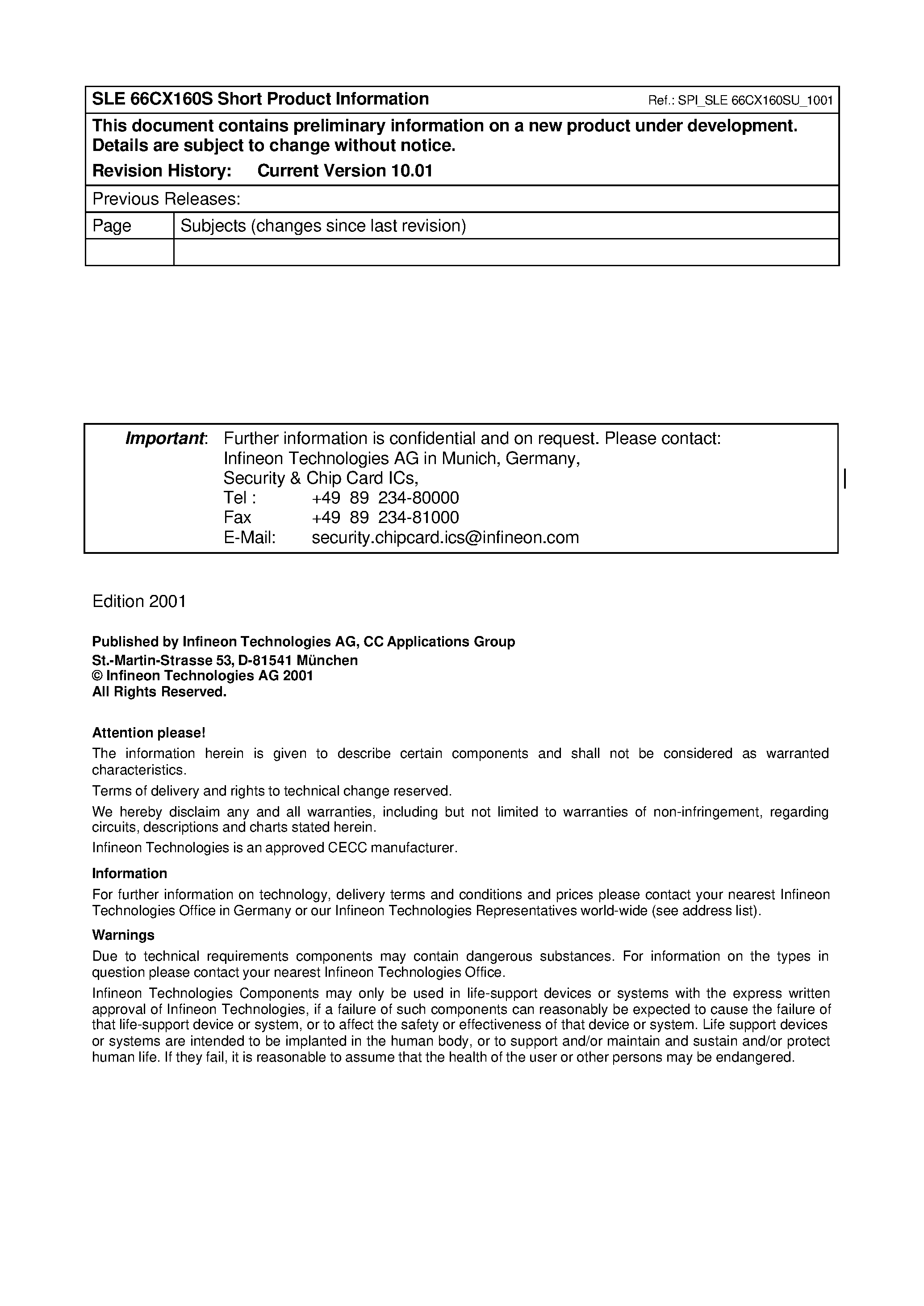 Datasheet SLE66CX160S-C page 2 Datasheet SLE66CX160S-C - Security & Chip Card ICs page 2