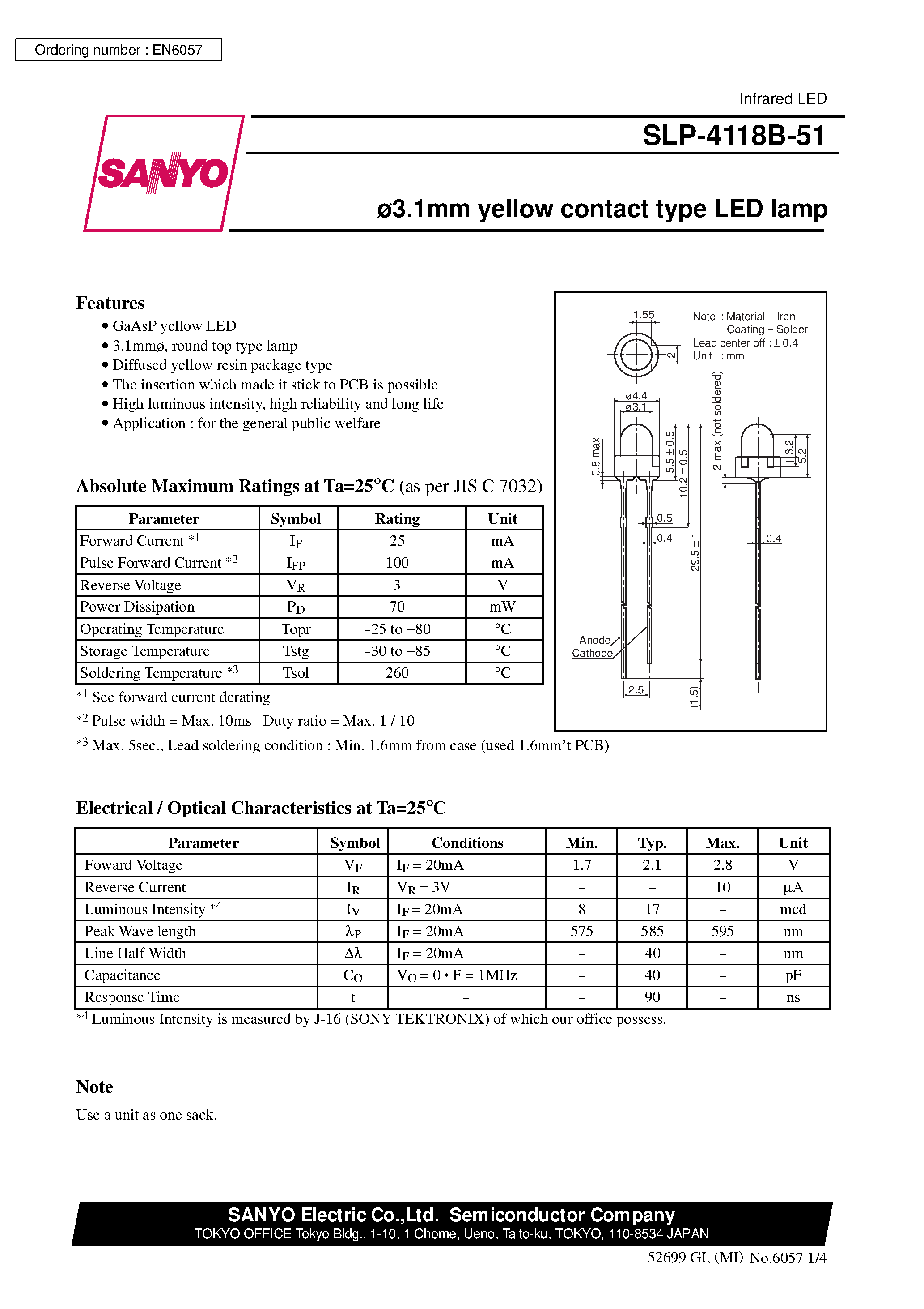 Datasheet SLP-4118B-51 - 3.1mm yellow contact type LED lamp page 1