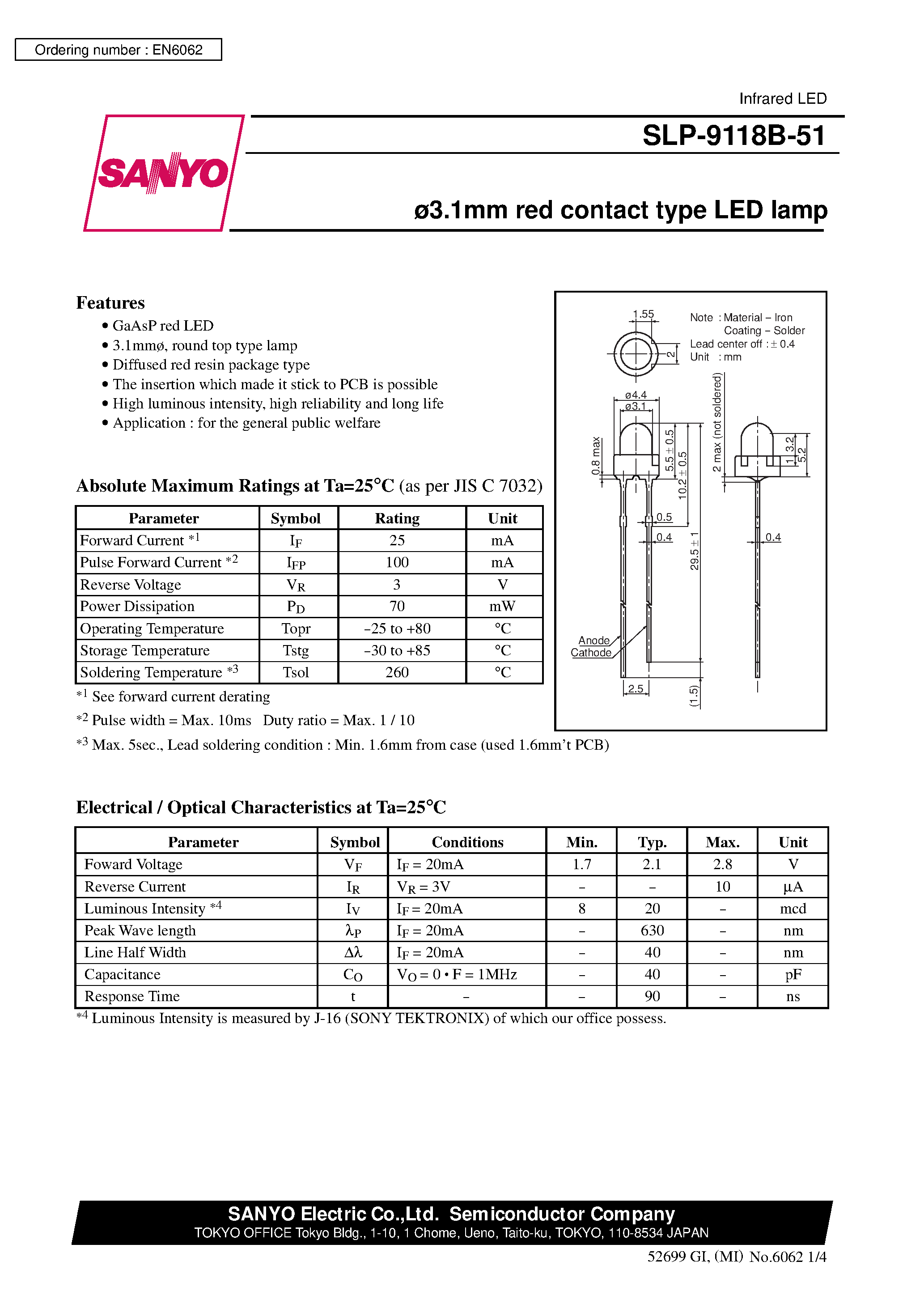 Datasheet SLP-9118B-51 page 1 Datasheet SLP-9118B-51 - 3.1mm red contact type LED lamp page 1