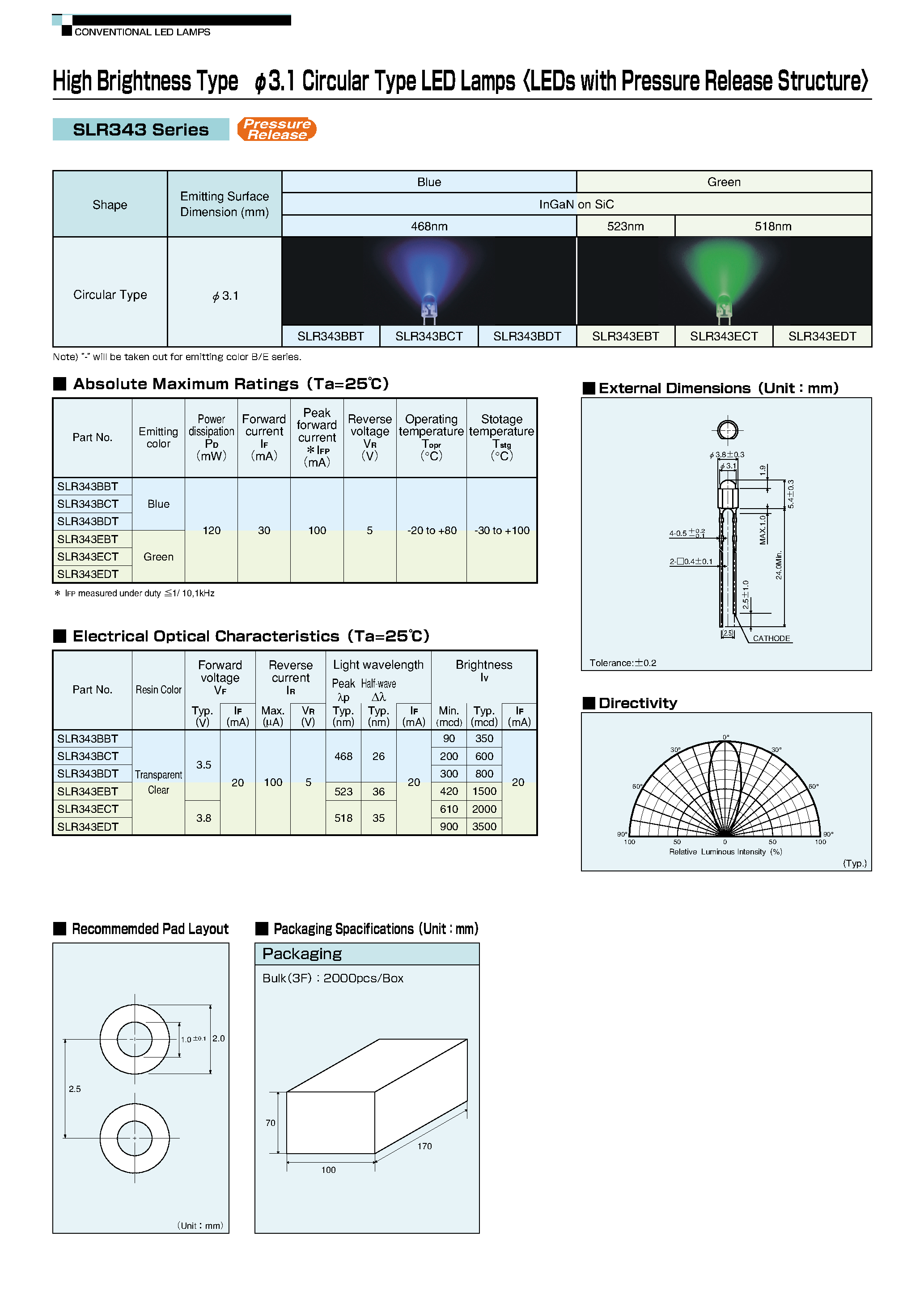 Datasheet SLR343EDT page 1 Datasheet SLR343EDT - HIGH BRIGHTNESS TYPE 3.1 CIRCULAR TYPE LED LAMPS page 1