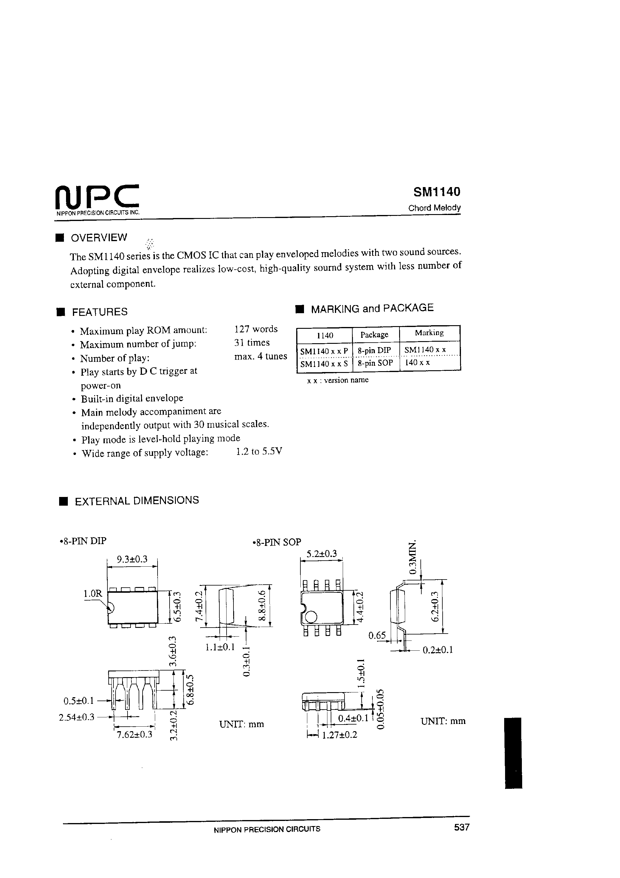 Даташит на микросхему SM1140 страница 1 Даташит SM1140 - Chord Melody страница 1