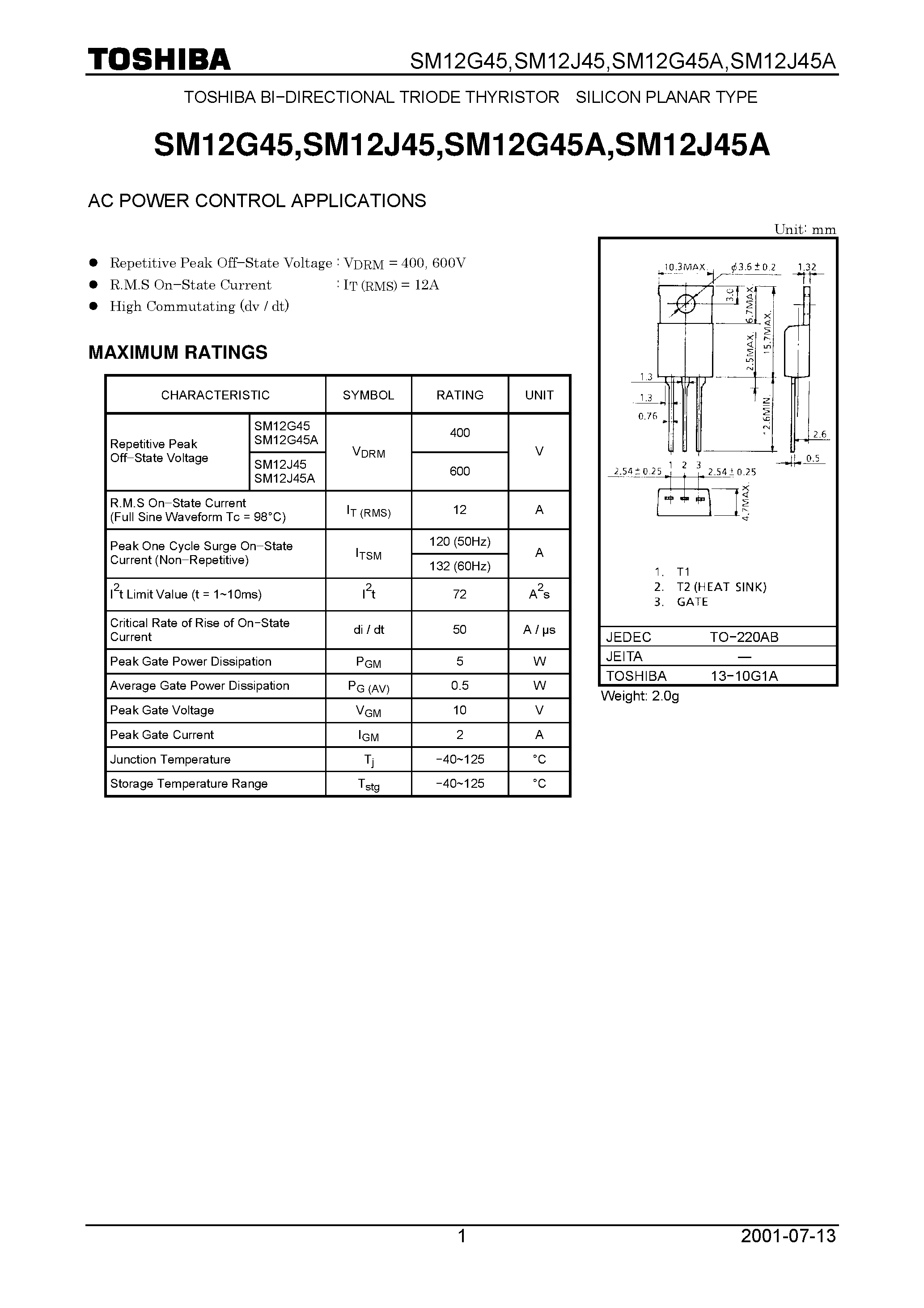 Datasheet SM12J45A - TOSHIBA BI&#8722;DIRECTIONAL TRIODE THYRISTOR SILICON PLANAR TYPE page 1