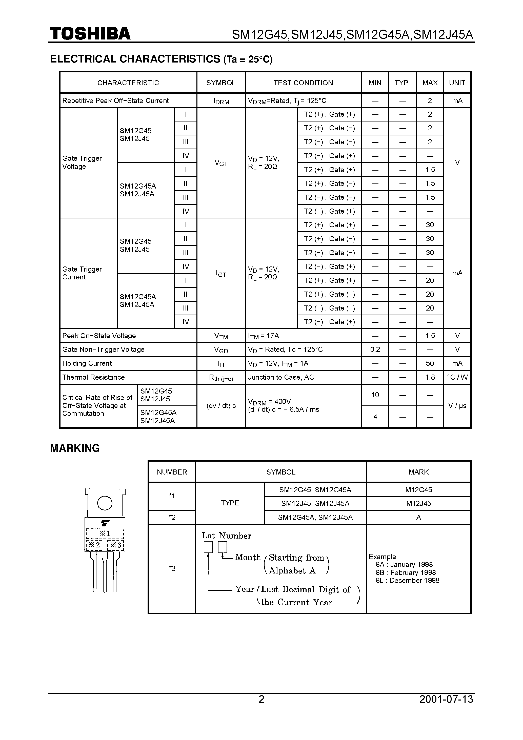 Даташит на микросхему SM12J45A страница 2 Даташит SM12J45A - TOSHIBA BI−DIRECTIONAL TRIODE THYRISTOR SILICON PLANAR TYPE страница 2
