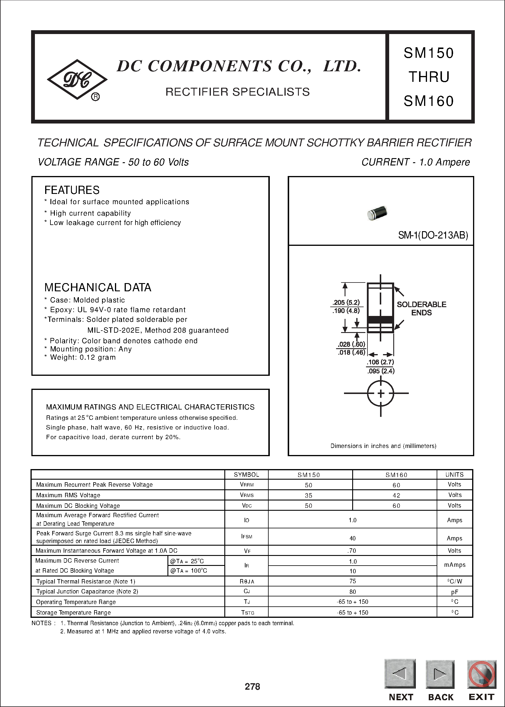 Даташит на микросхему SM150 страница 1 Даташит SM150 - TECHNICAL SPECIFICATIONS OF SURFACE MOUNT SCHOTTKY BARRIER RECTIFIER страница 1