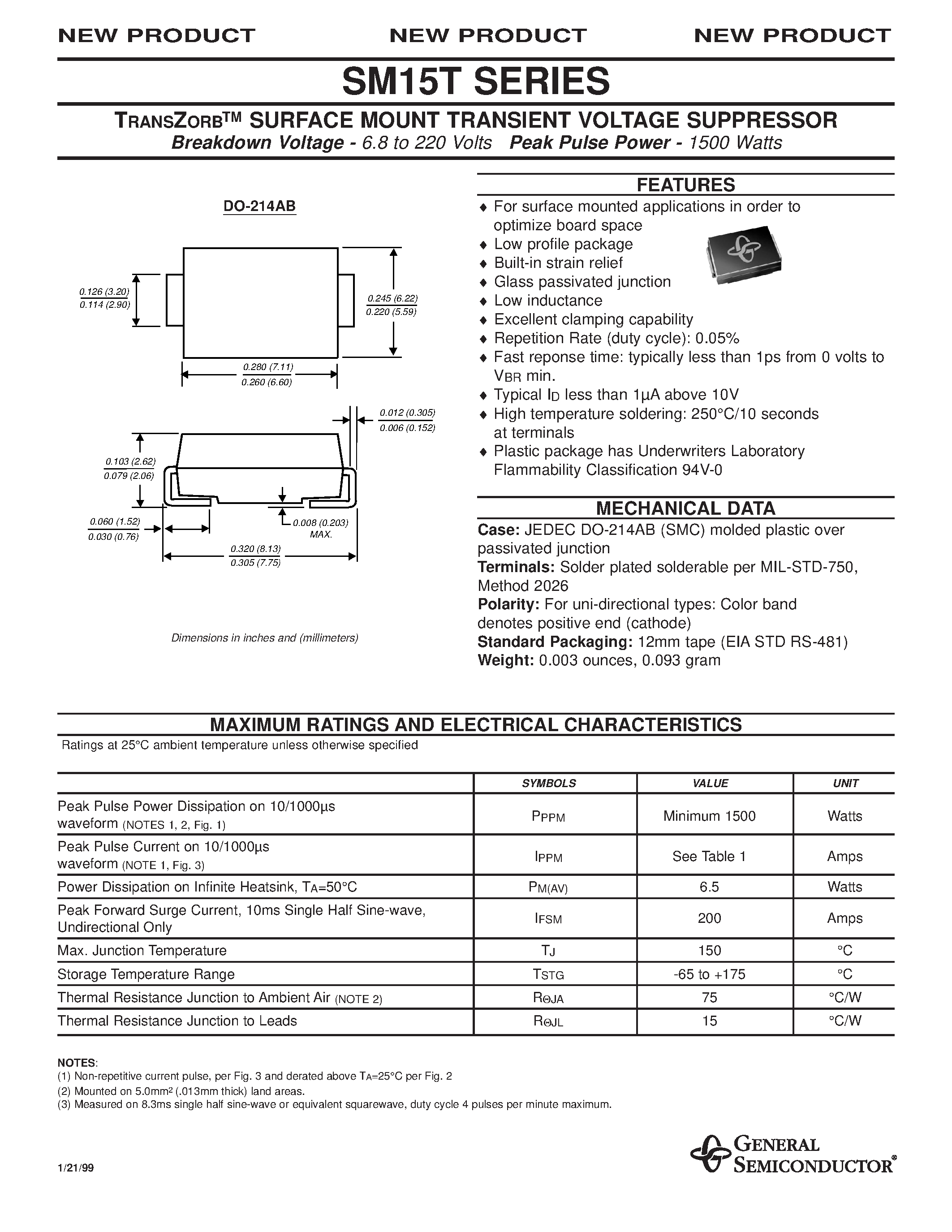 Даташит на микросхему SM15T36A страница 1 Даташит SM15T36A - TRANSZORB SURFACE MOUNT TRANSIENT VOLTAGE SUPPRESSOR страница 1