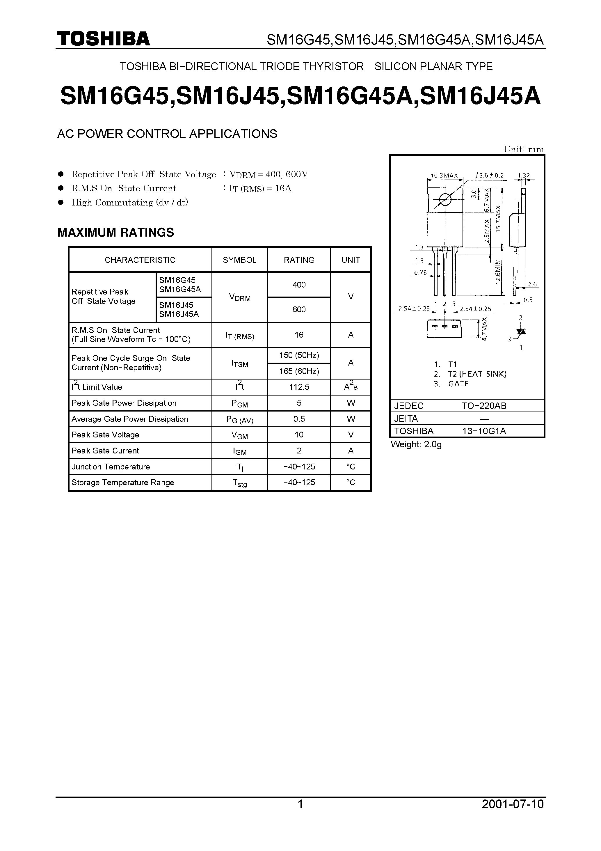 Datasheet SM16J45 page 1 Datasheet SM16J45 - AC POWER CONTROL APPLICATIONS page 1