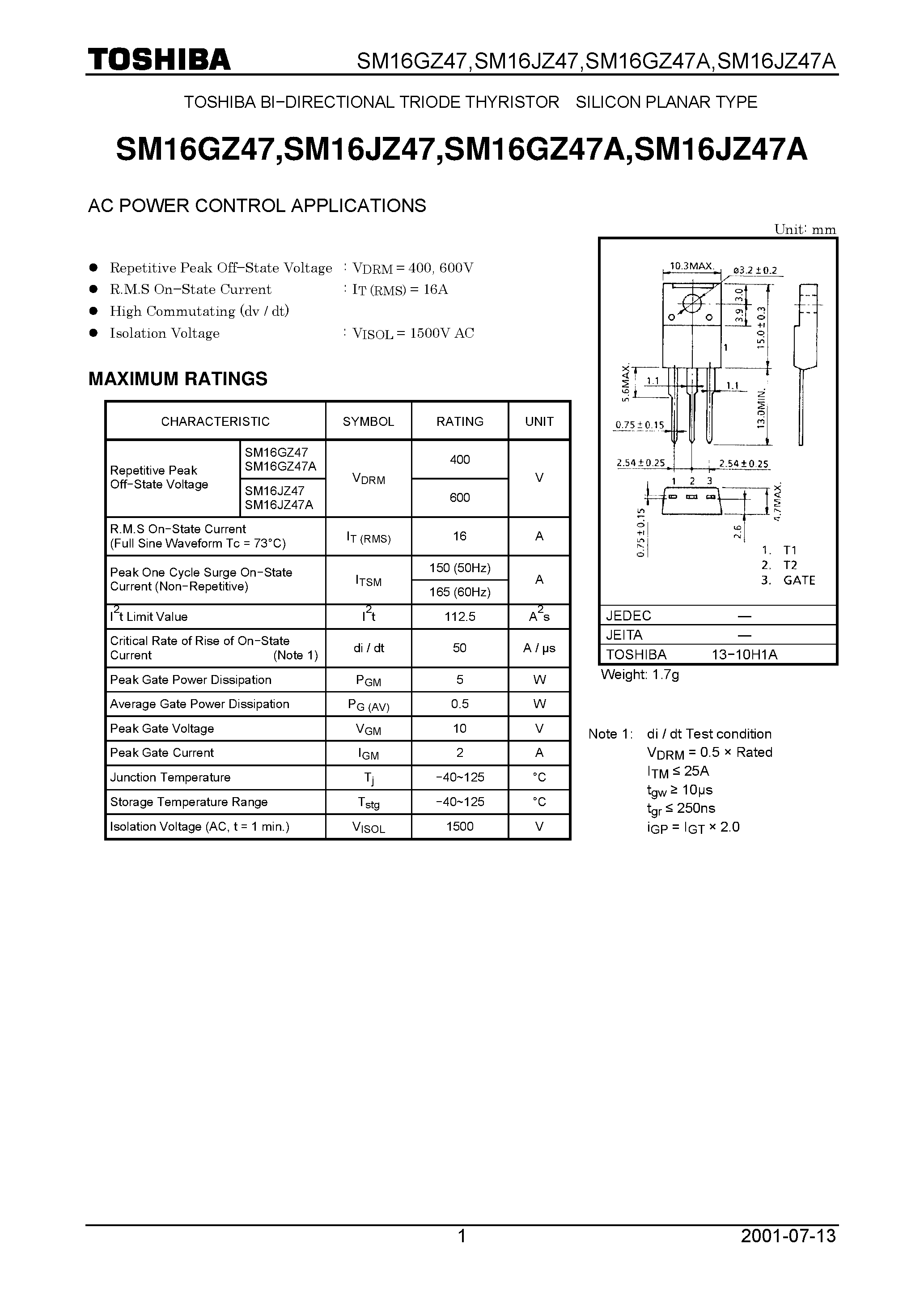 Datasheet SM16JZ47 page 1 Datasheet SM16JZ47 - AC POWER CONTROL APPLICATIONS page 1