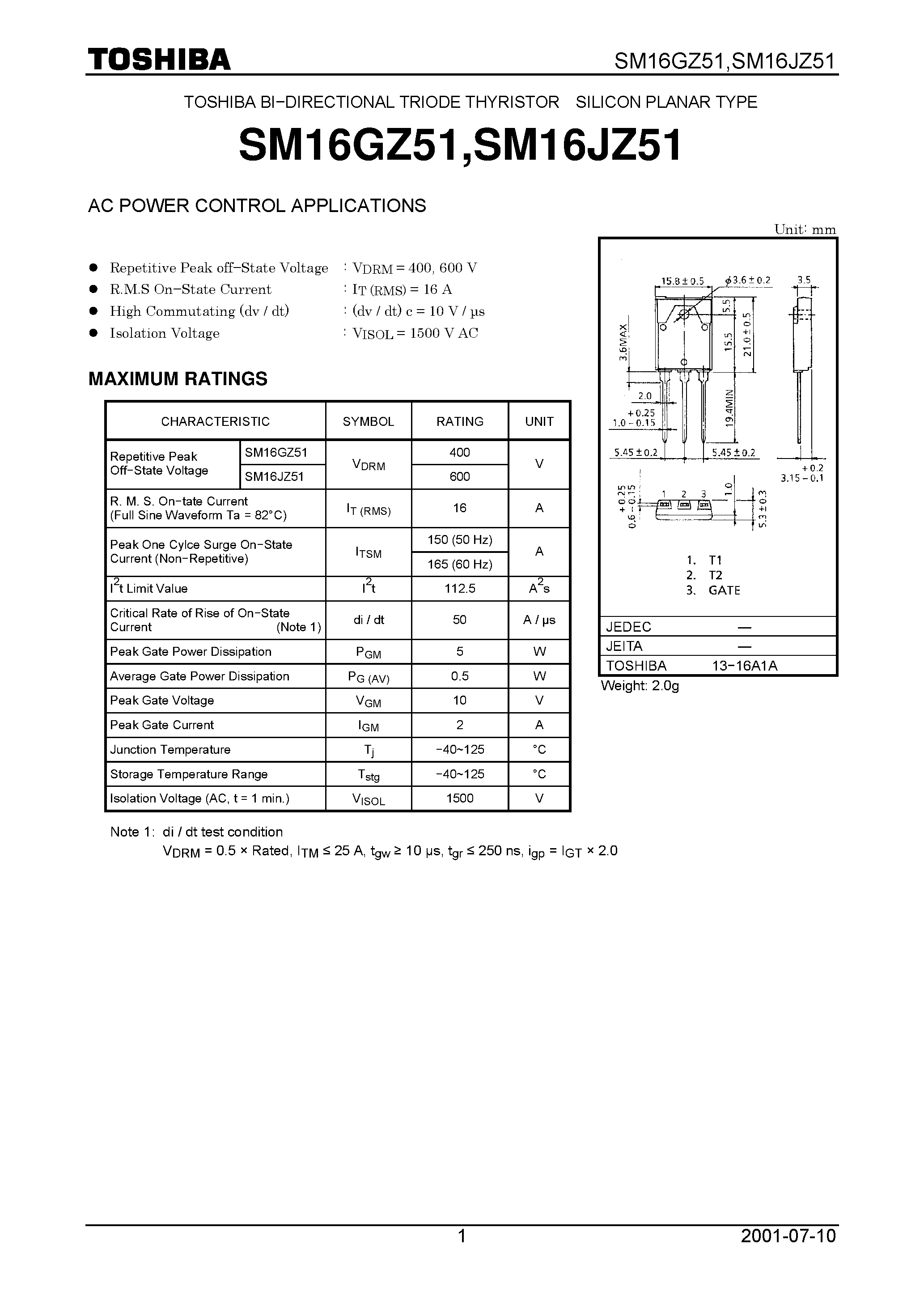 Datasheet SM16JZ51 page 1 Datasheet SM16JZ51 - AC POWER CONTROL APPLICATIONS page 1