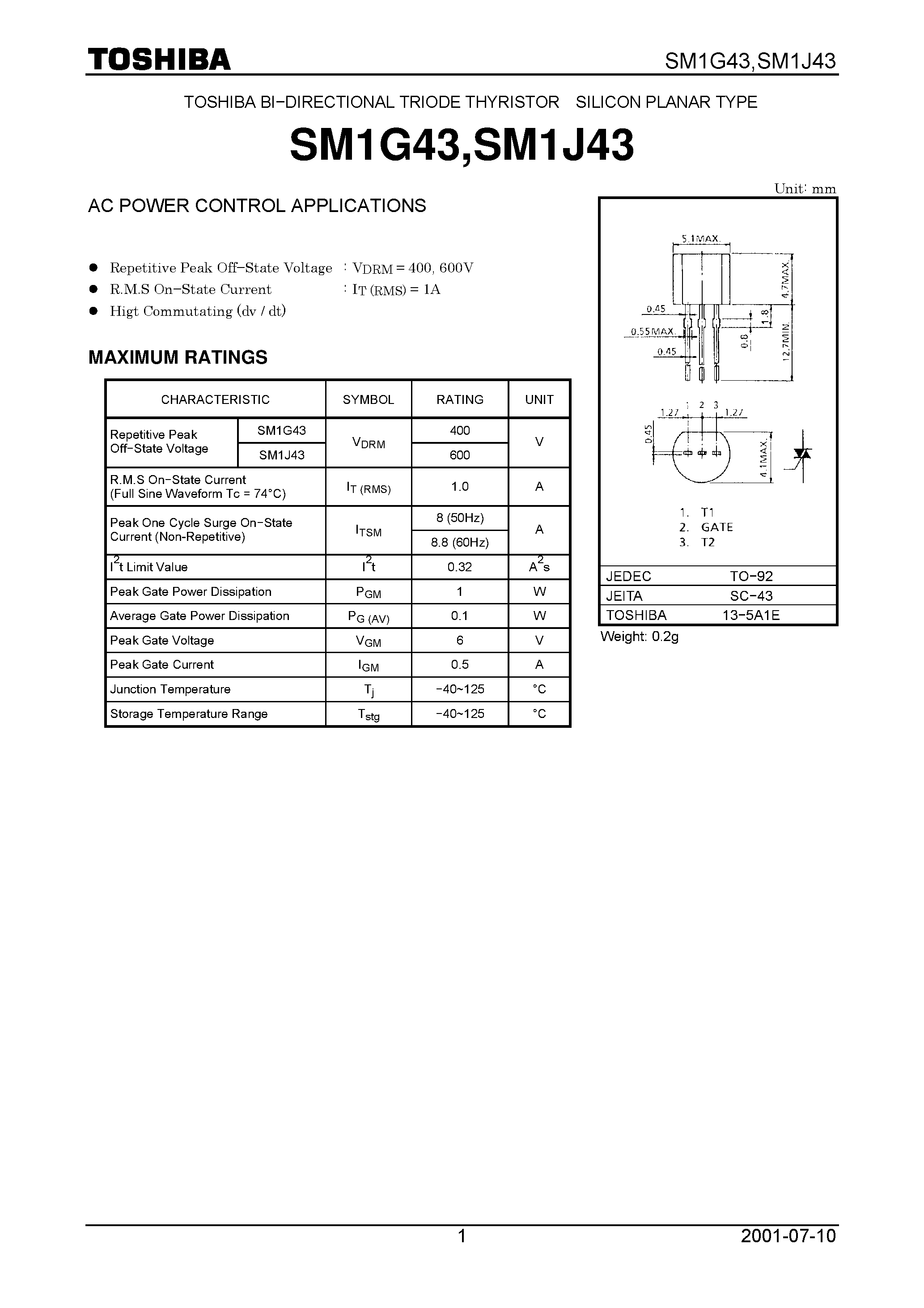 Даташит на микросхему SM1G43 страница 1 Даташит SM1G43 - AC POWER CONTROL APPLICATIONS страница 1