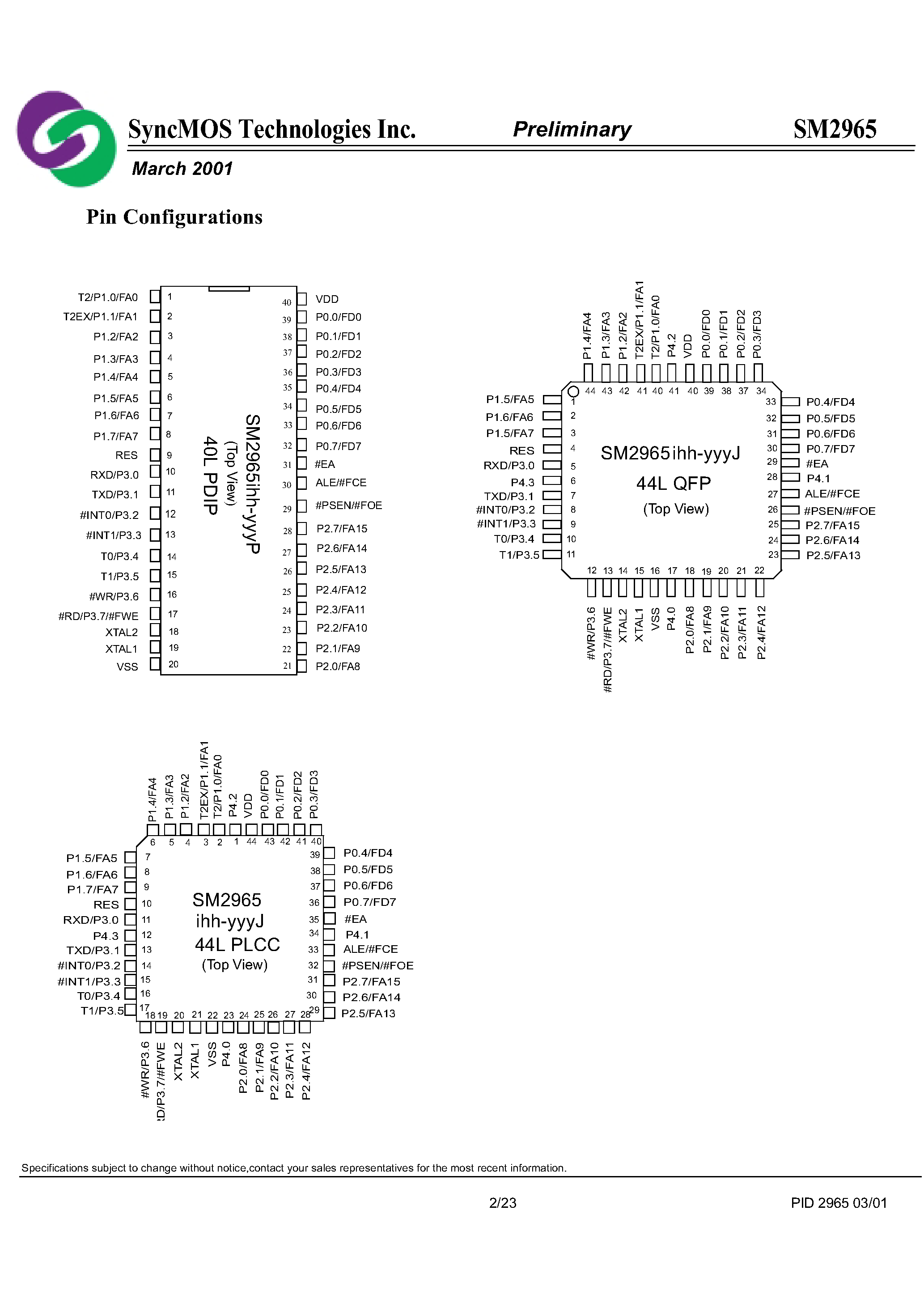 Datasheet SM2965IHH page 2 Datasheet SM2965IHH - 8 BIT SINGLE CHIP MICROCONTROLLER WITH 64KB FLASH & 1K BYTE RAM EMBEDED page 2