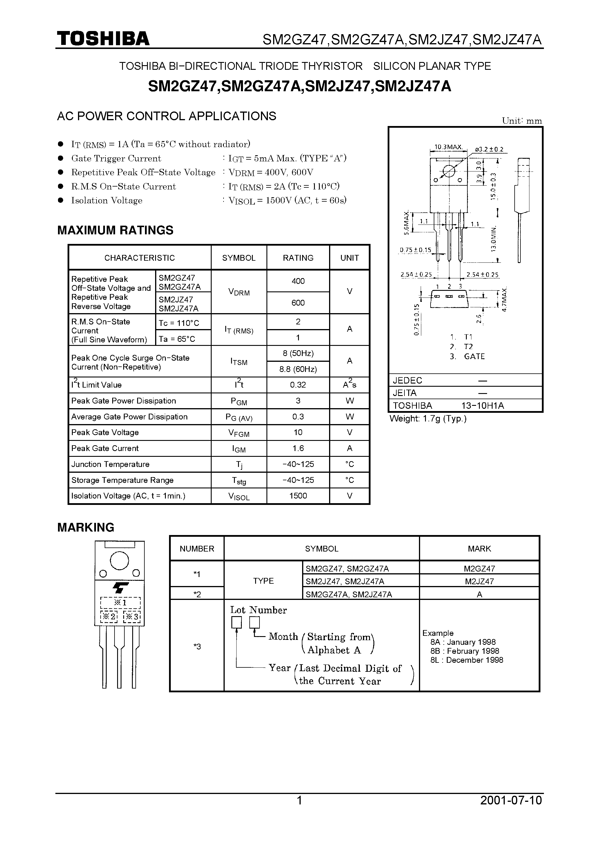Даташит SM2GZ47 - AC POWER CONTROL APPLICATIONS страница 1