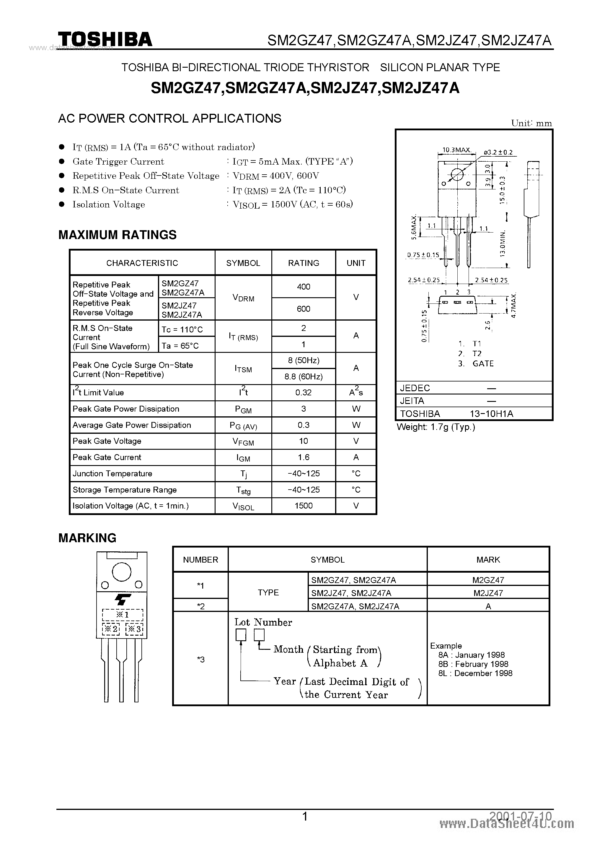Datasheet SM2JZ47A - AC POWER CONTROL APPLICATIONS page 1