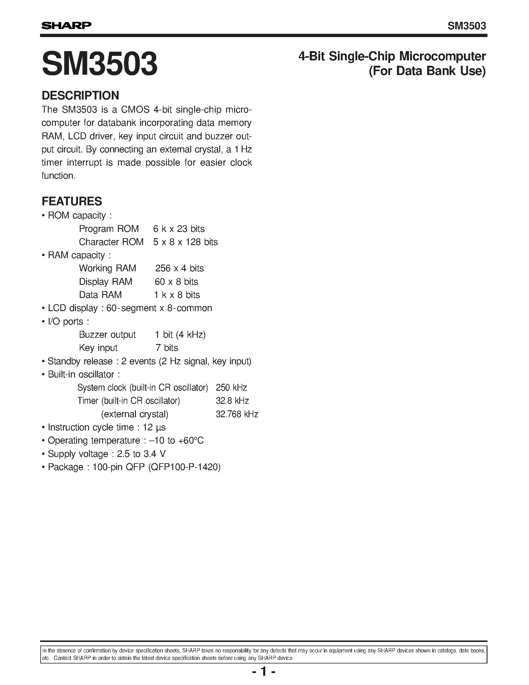 Datasheet SM3503 - 4-Bit Single-Chip Microcomputer(For Data Bank Use) page 1