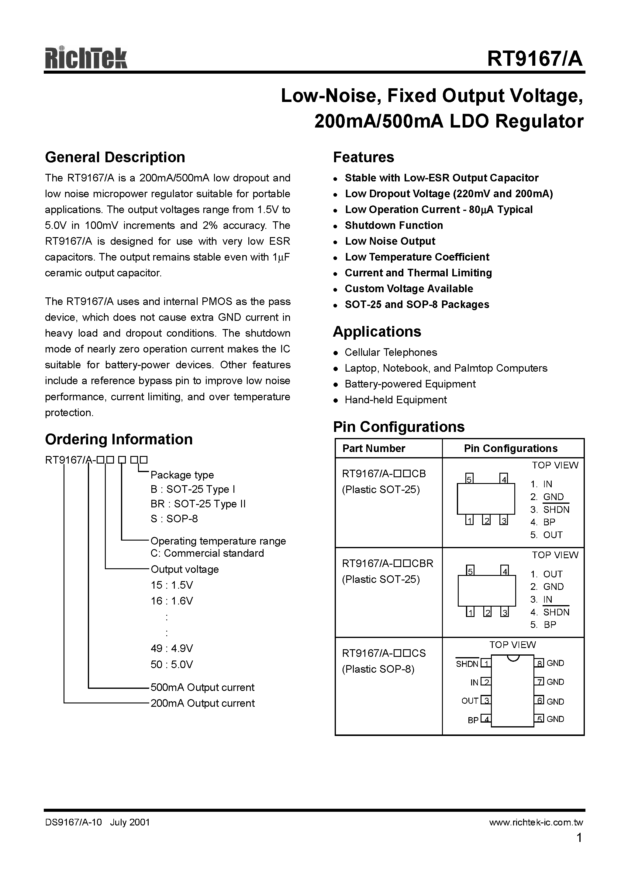 Datasheet RT9176/A-15CB - LOW NOISE FIXED OUTPUT VOLTAGE 200MA/500MA LDO REGULATOR page 1