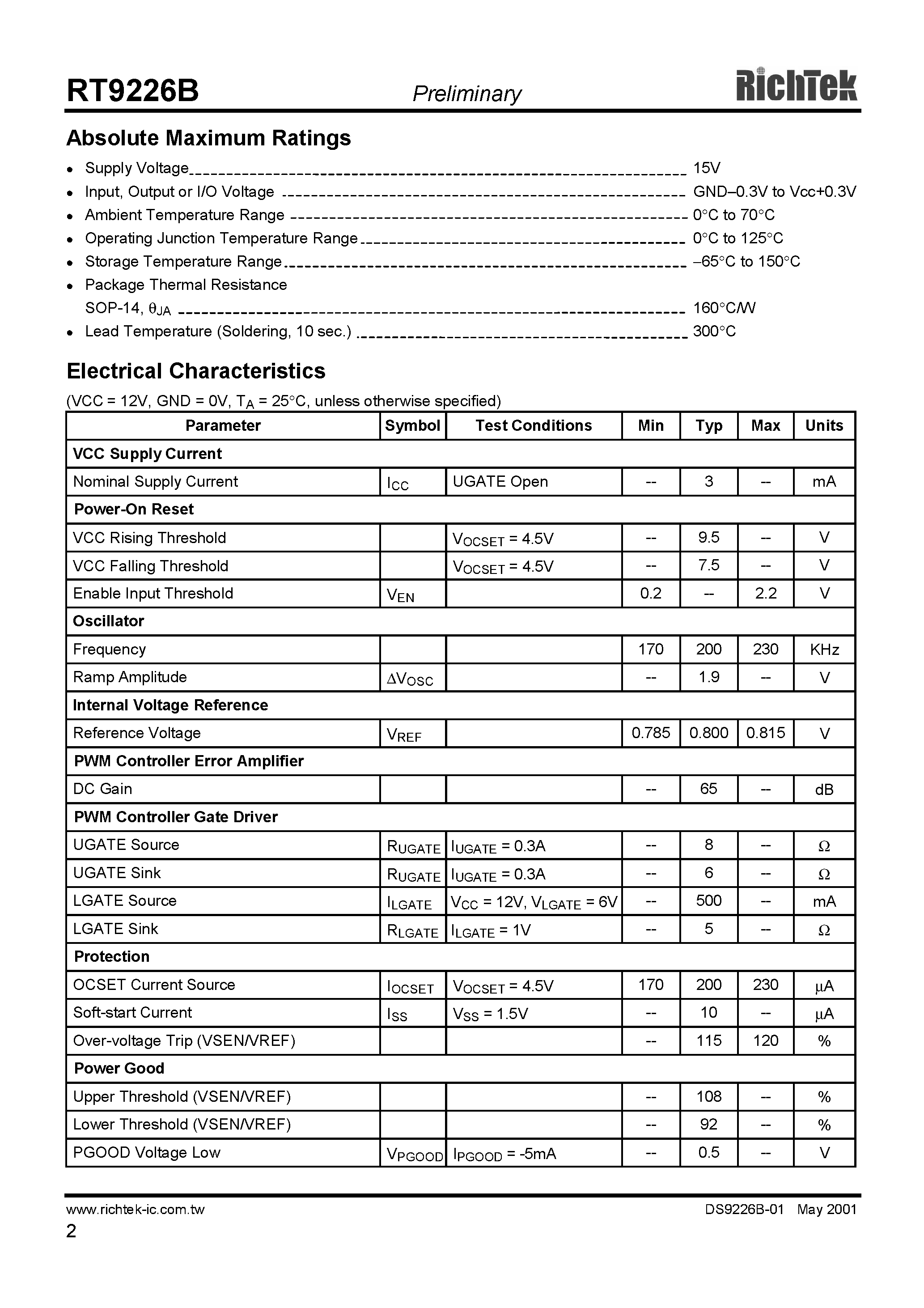 Datasheet RT9226B - SYNCHRONOUS PWM STEP-DOWN DC/DC CONVERTER CONTROLLER page 2
