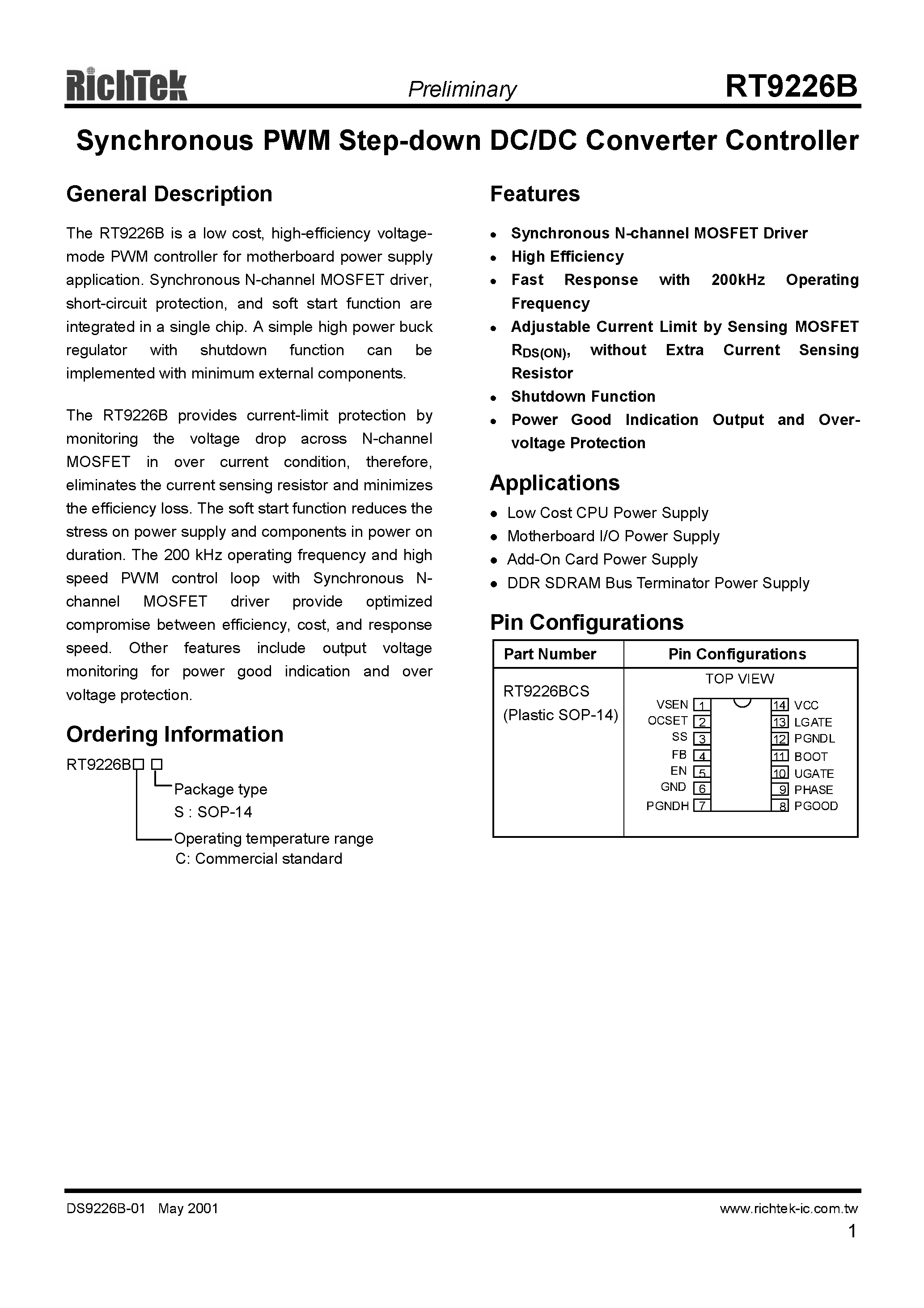 Datasheet RT9226BCS - SYNCHRONOUS PWM STEP-DOWN DC/DC CONVERTER CONTROLLER page 1