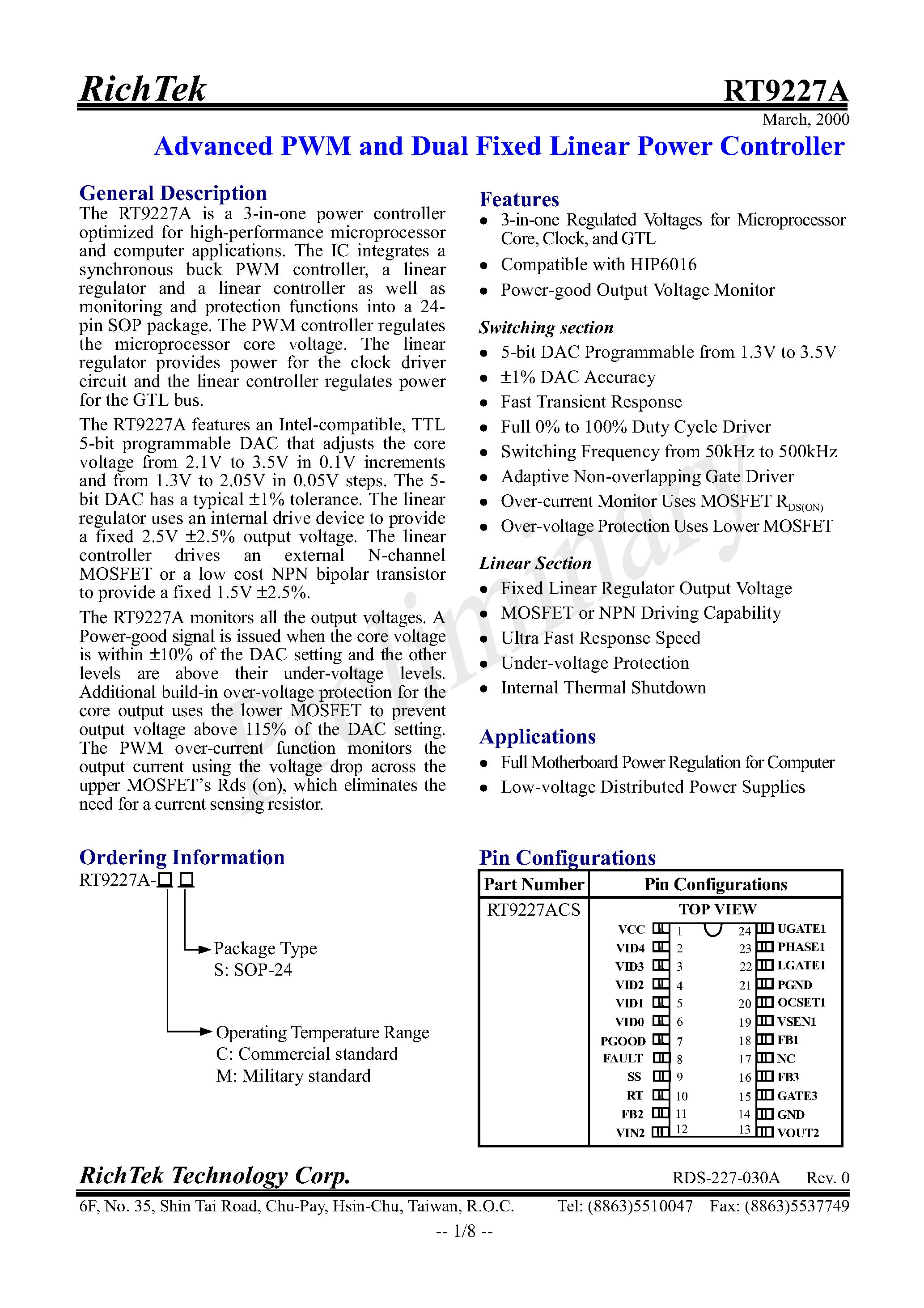 Даташит RT9227A-CS - Advanced PWM and Dual Fixed Linear Power Controller страница 2