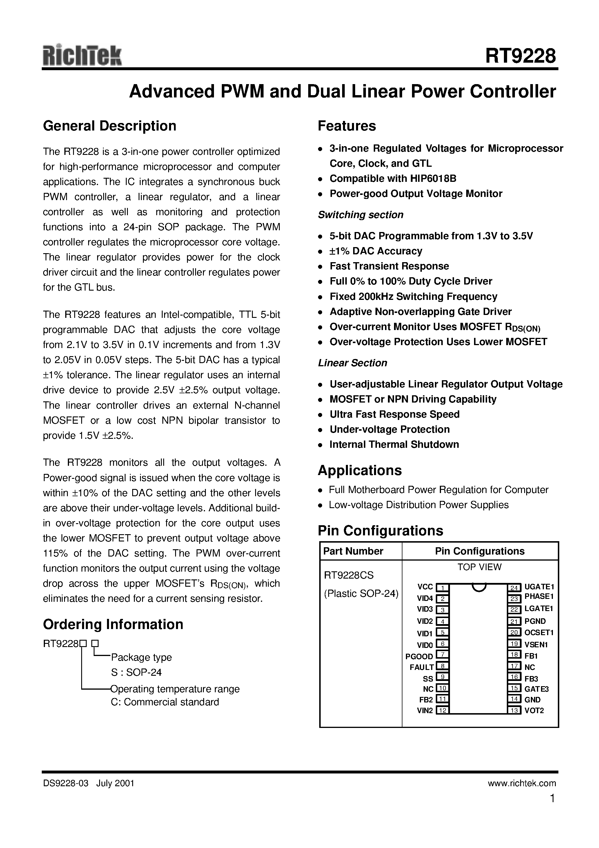 Даташит RT9228CS - ADVANCED PWM AND DUAL LINEAR POWER CONTROLLER страница 1
