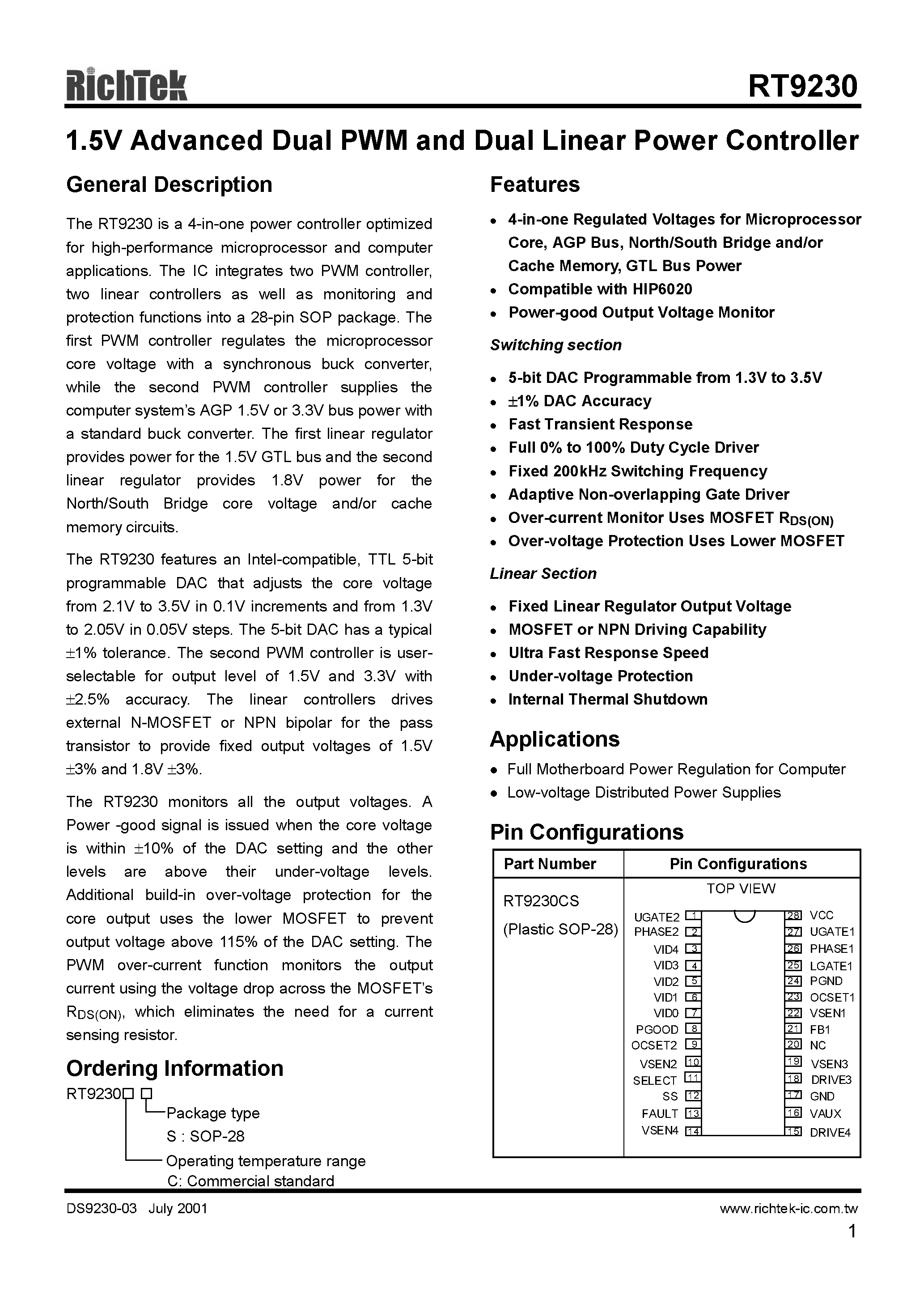 Даташит RT9230CS - 1.5V ADVANCED DUAL PWM AND DUAL LINEAR POWER CONTROLLER страница 1