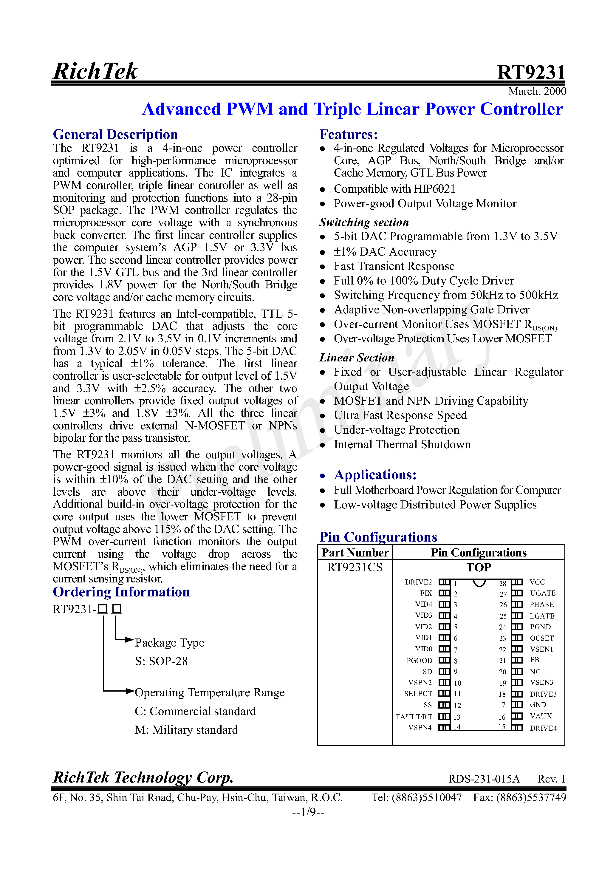 Datasheet RT9231-CS - Advaned PWM and Triple Linear Power Controller page 2