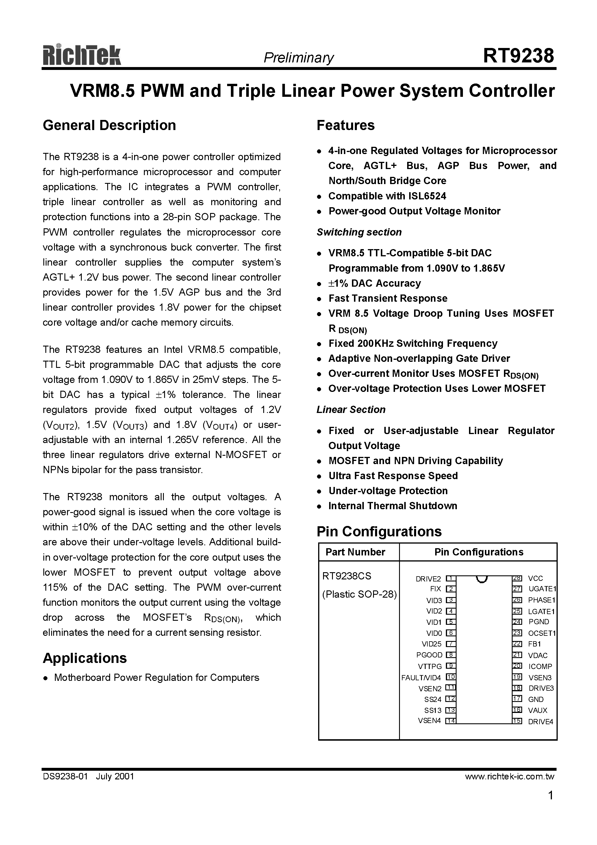 Datasheet RT9238 - VRM 8.5 PWM AND TRIPLE LINEAR POWER SYSTEM CONTROLLER page 1