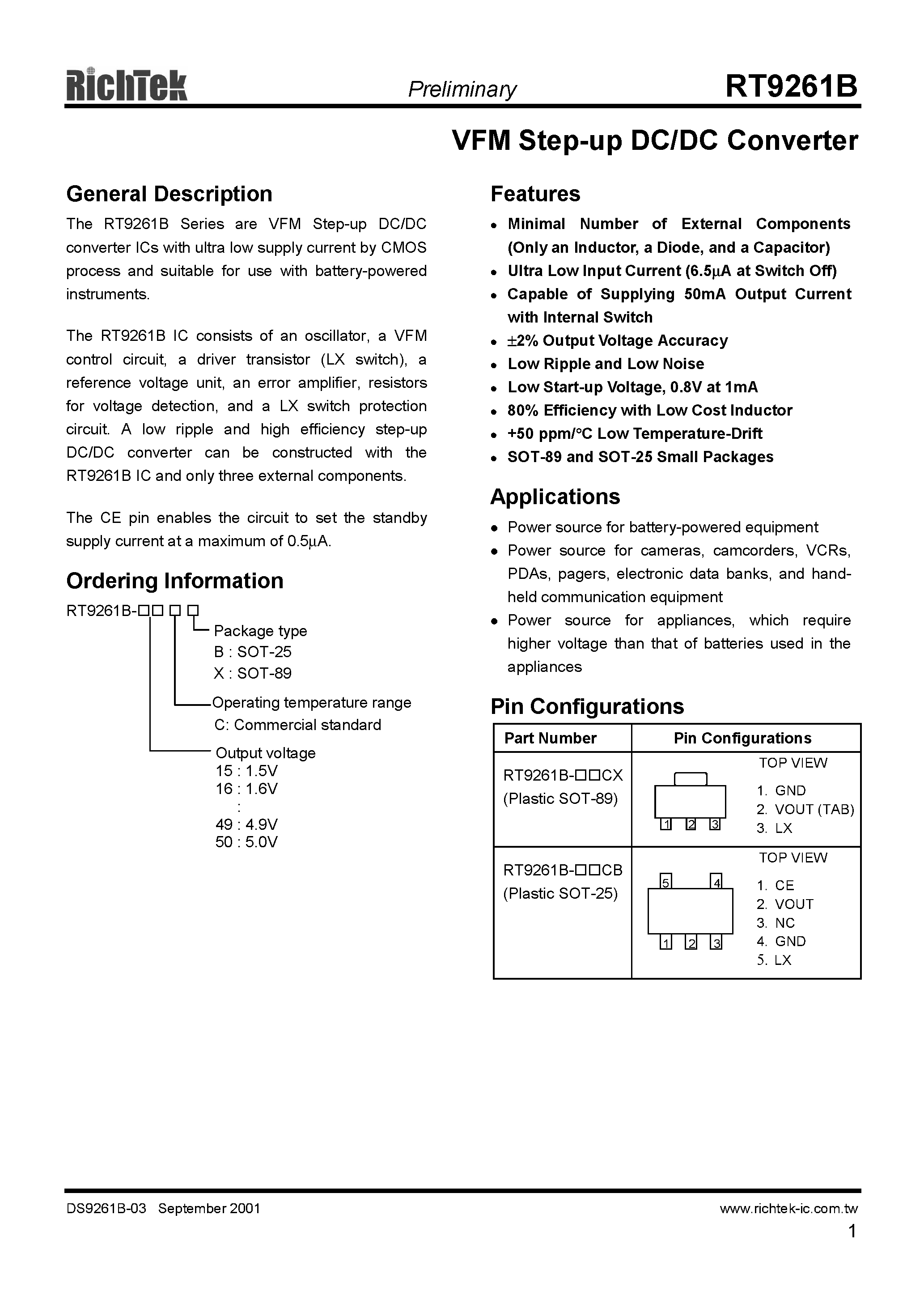 Datasheet RT9261B-16CX - VFM STEP UP DC/DC CONVERTER page 1