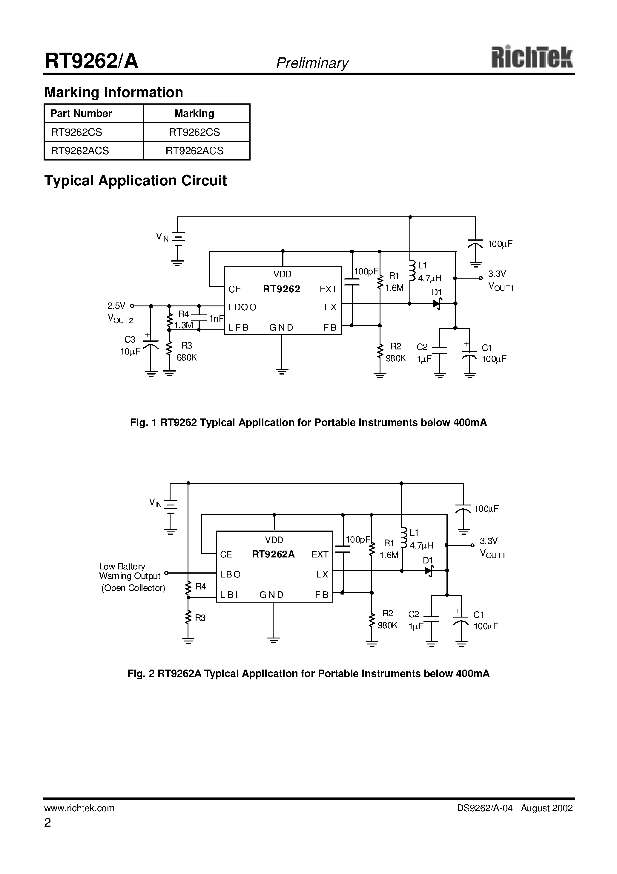 Datasheet RT9262 - HIGH EFFICIENCY/ LOW SUPPLY CURRENT/ STEP-UP DC/DC CONVERTER page 2