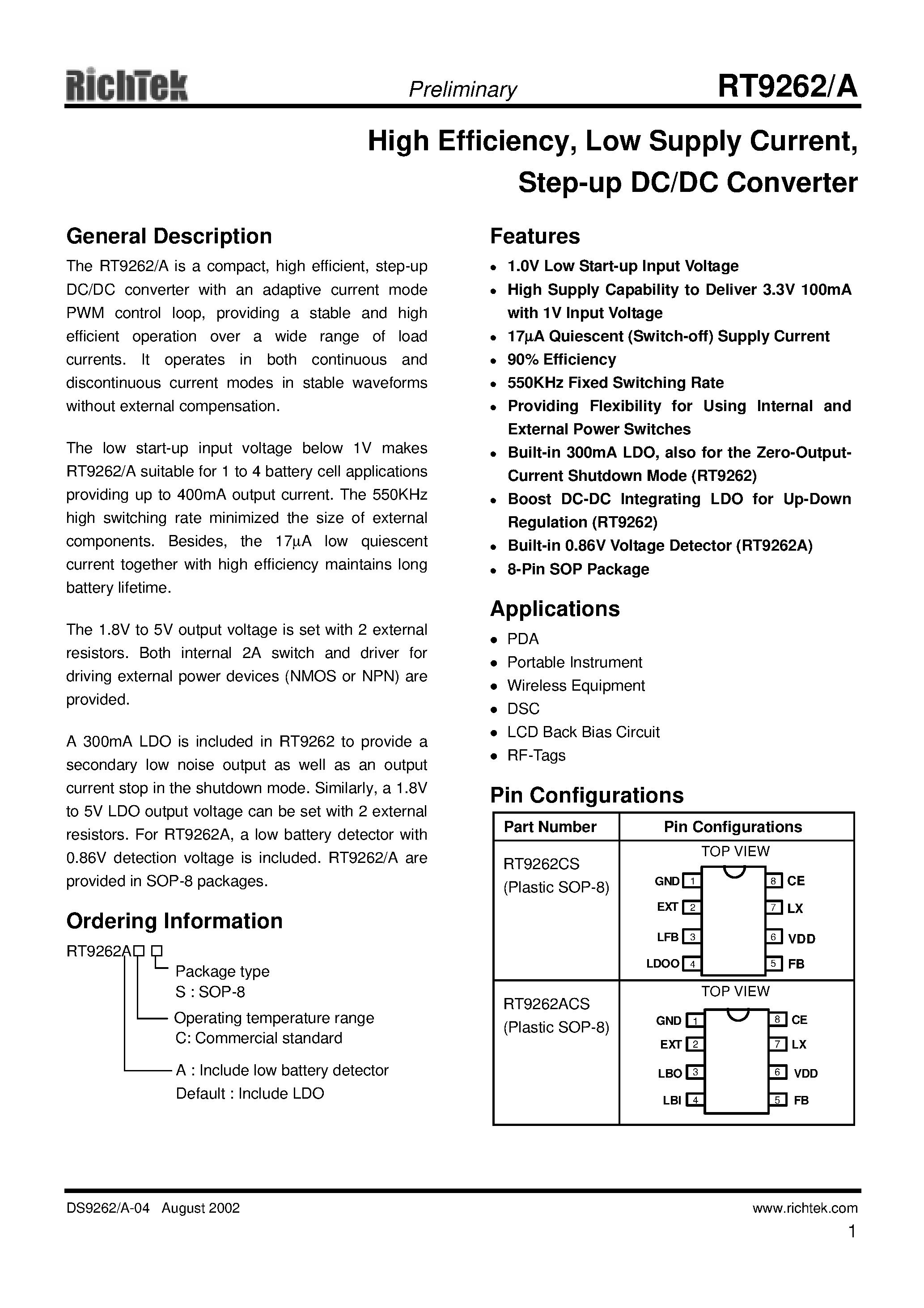 Datasheet RT9262ACS - HIGH EFFICIENCY/ LOW SUPPLY CURRENT/ STEP-UP DC/DC CONVERTER page 1