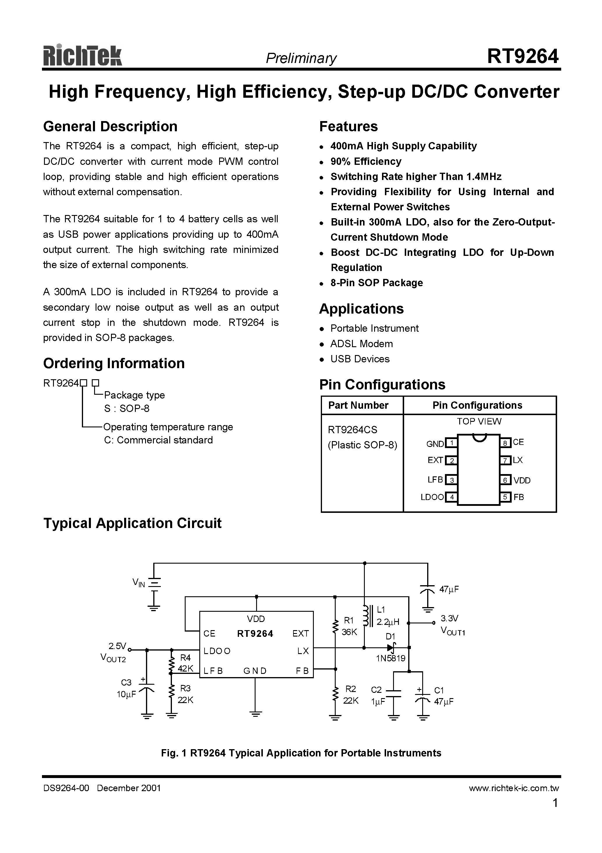 Datasheet RT9264CS - HIGH FREQUENCY HIGH EFFICIENCY STEP UP DC/DC CONVERTER page 1