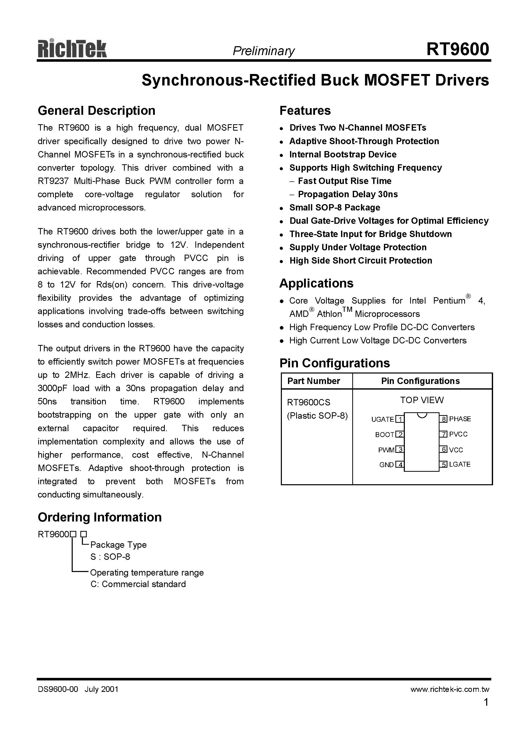 Datasheet RT9600 page 1 Datasheet RT9600 - SYNCHRONOUS-RECTIFIED BUCK MOSFET DRIVERS page 1