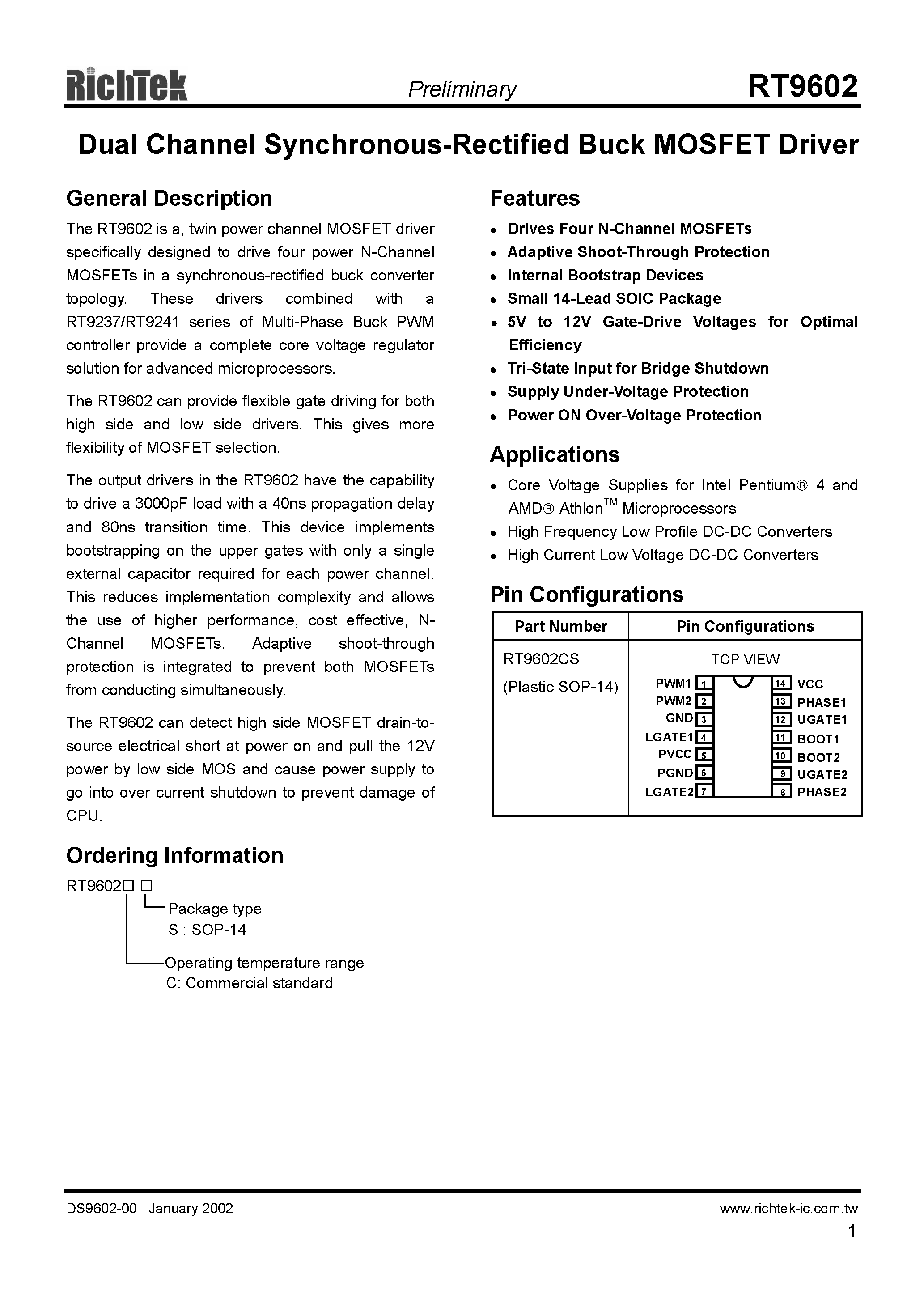 Datasheet RT9602 page 1 Datasheet RT9602 - DUAL CHANNEL SYNCHRONOUS-RECTIFIED BUCK MOSFET DRIVER page 1