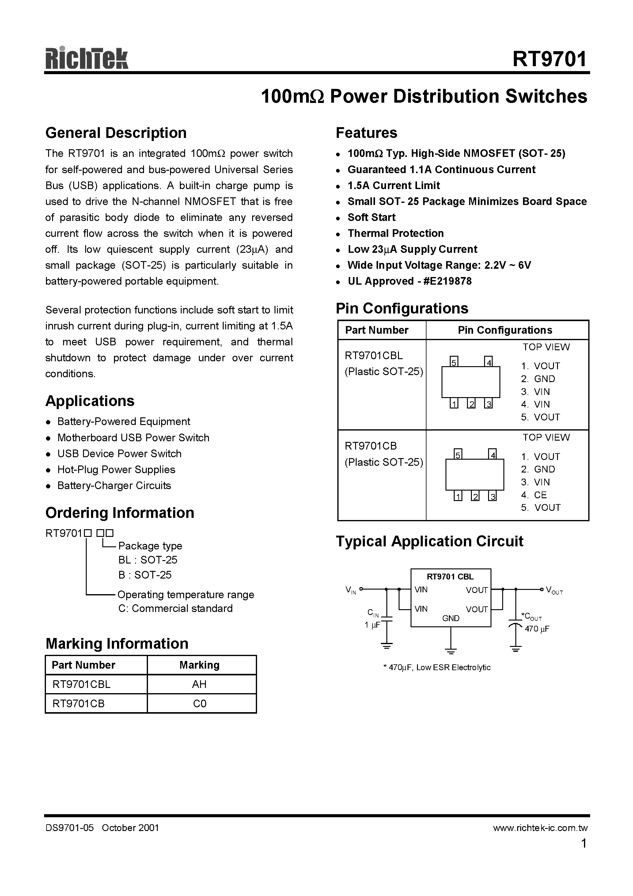 Даташит на микросхему RT9701 страница 1 Даташит RT9701 - 100m POWER DISTRIBUTION SWITCHES страница 1