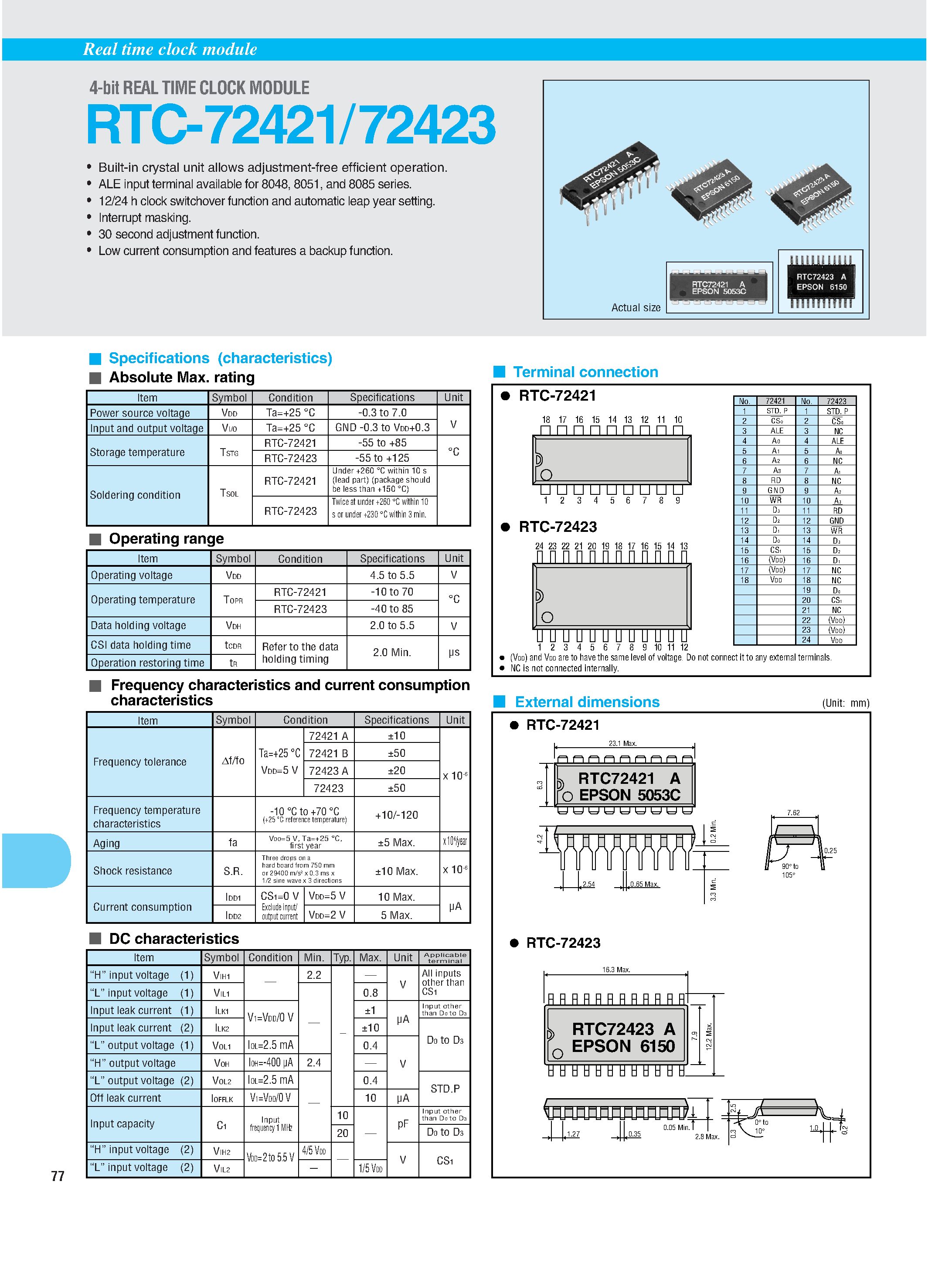 Datasheet RTC-72421 - Real time clock module(4-bit REAL TIME CLOCK MODULE) page 1