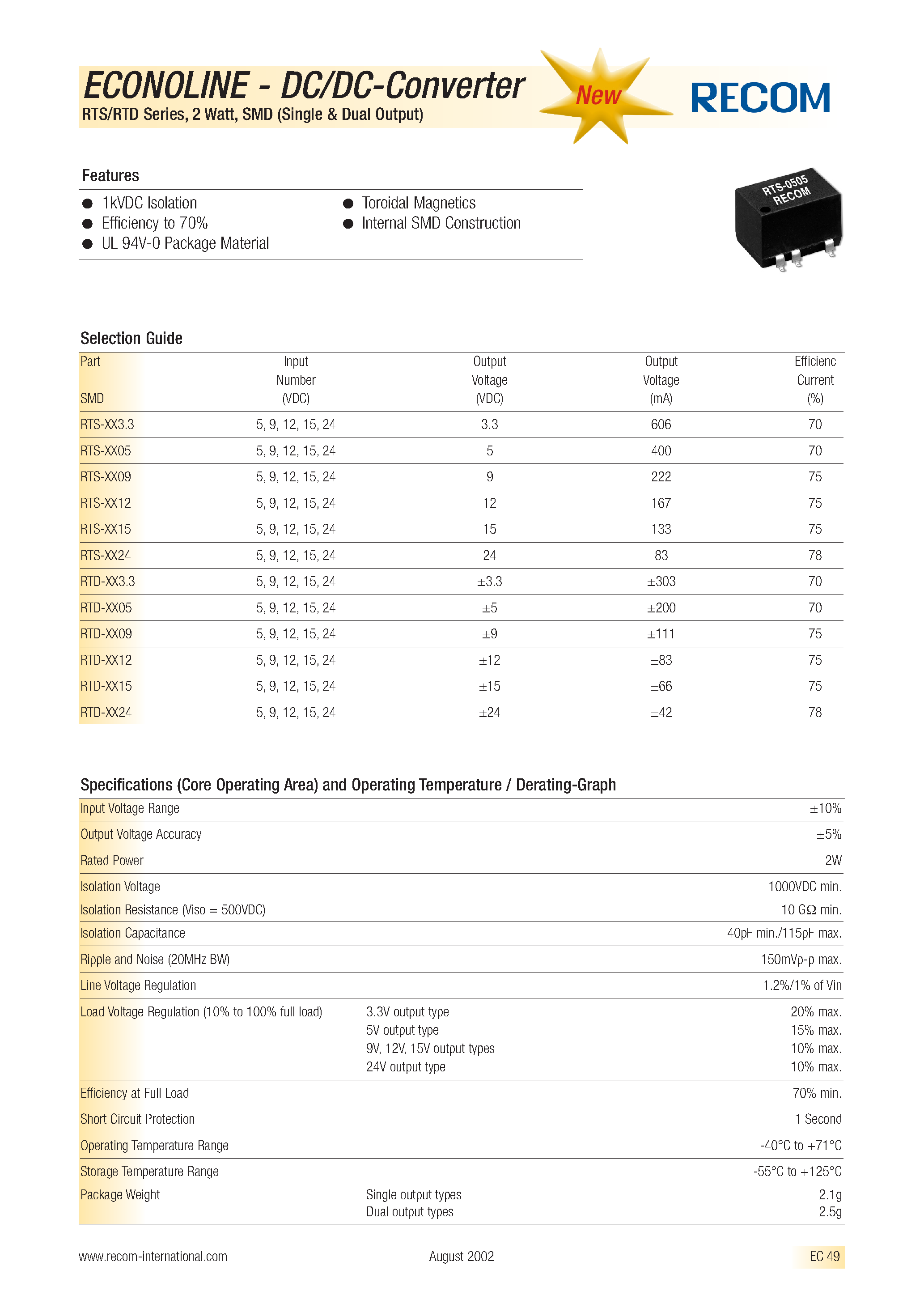 Datasheet RTD-3.305 - ECONOLINE - DC/DC - CONVERTER page 1