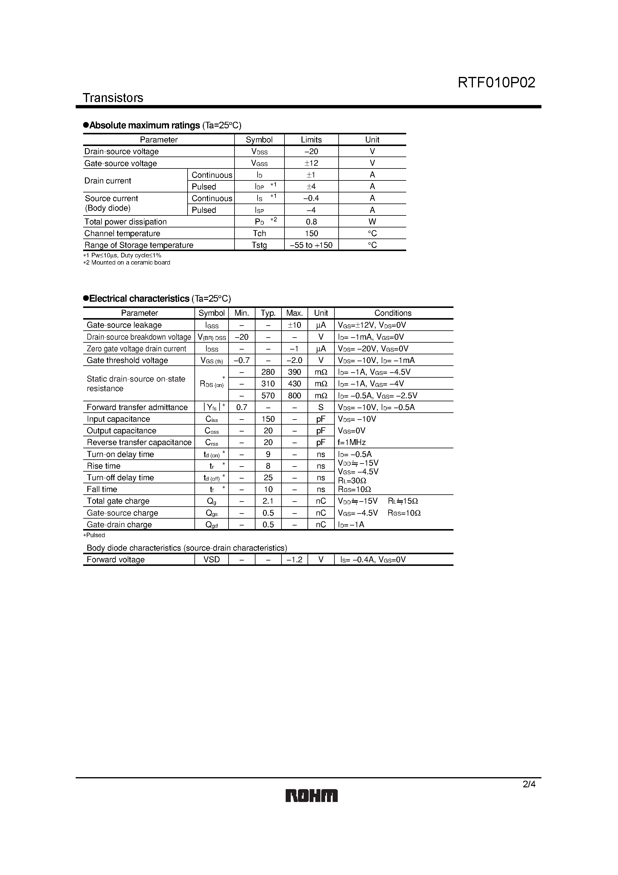 Datasheet RTF010P02 page 2 Datasheet RTF010P02 - DC-DC Converter (20V/ 1.0A) page 2