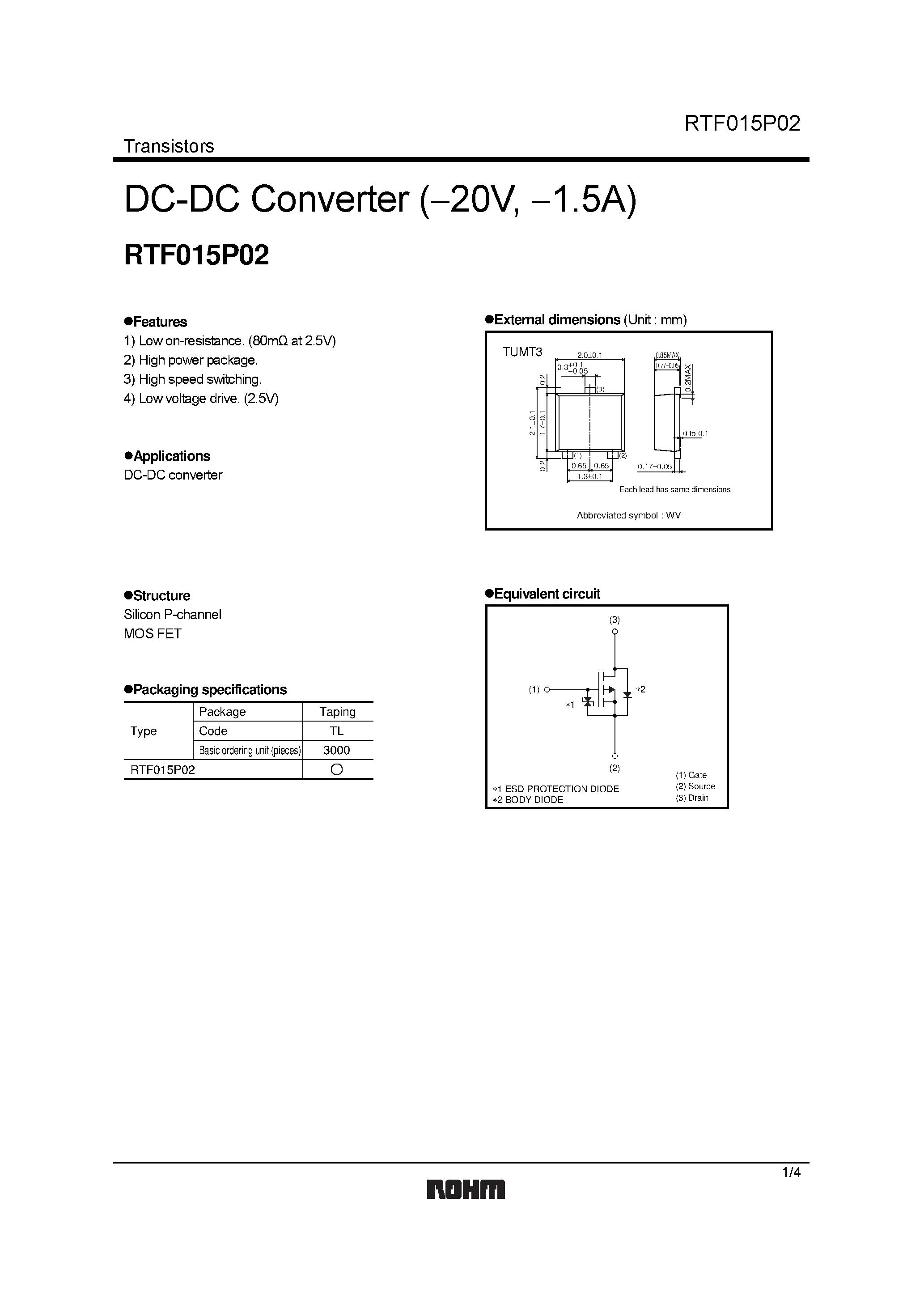 Datasheet RTF015P02 - DC-DC Converter (20V/ 1.5A) page 1