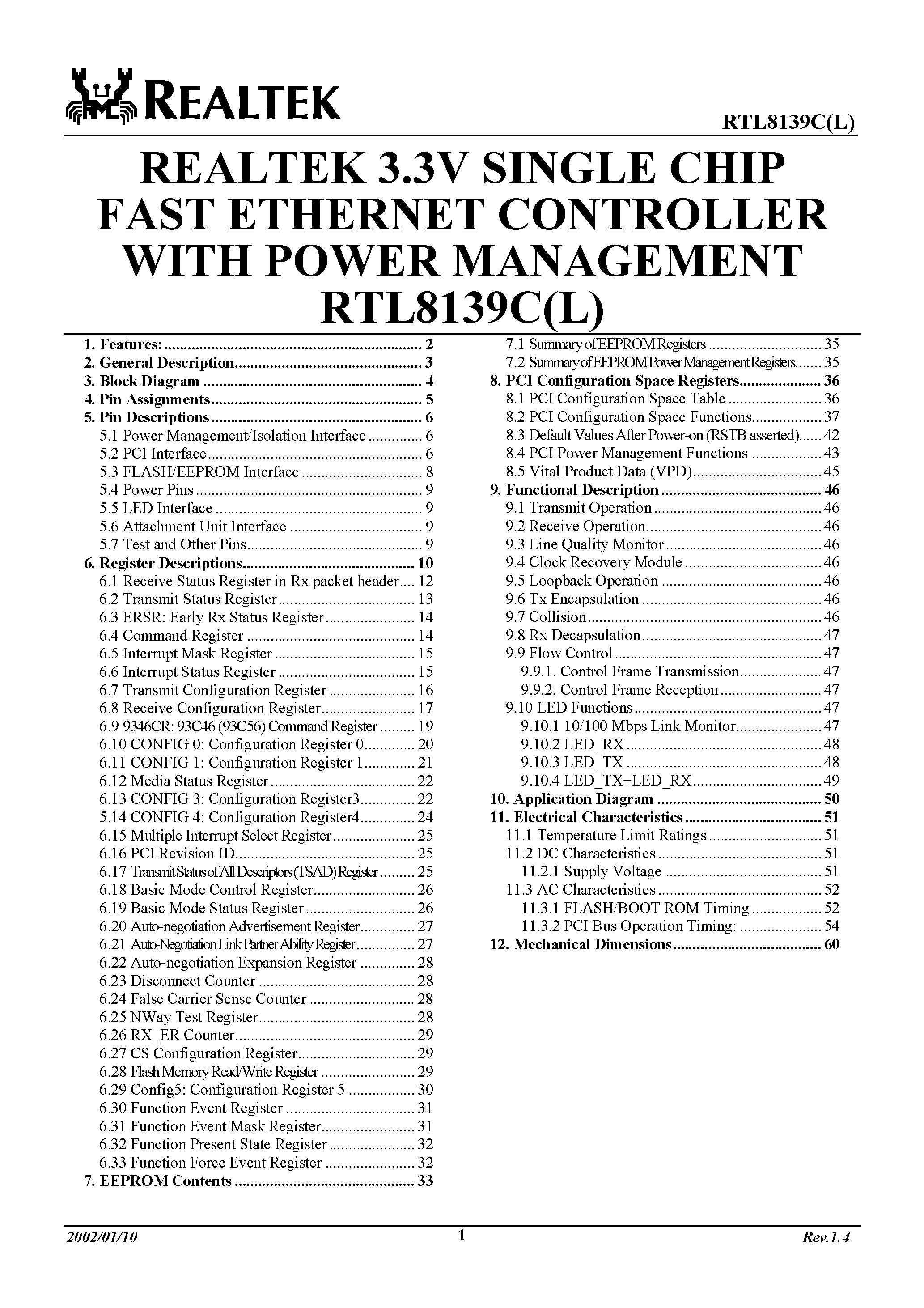 Datasheet RTL8139L - REALTEK 3.3V SINGLE CHIP FAST ETHERNET CONTROLLER WITH POWER MANAGEMENT page 1