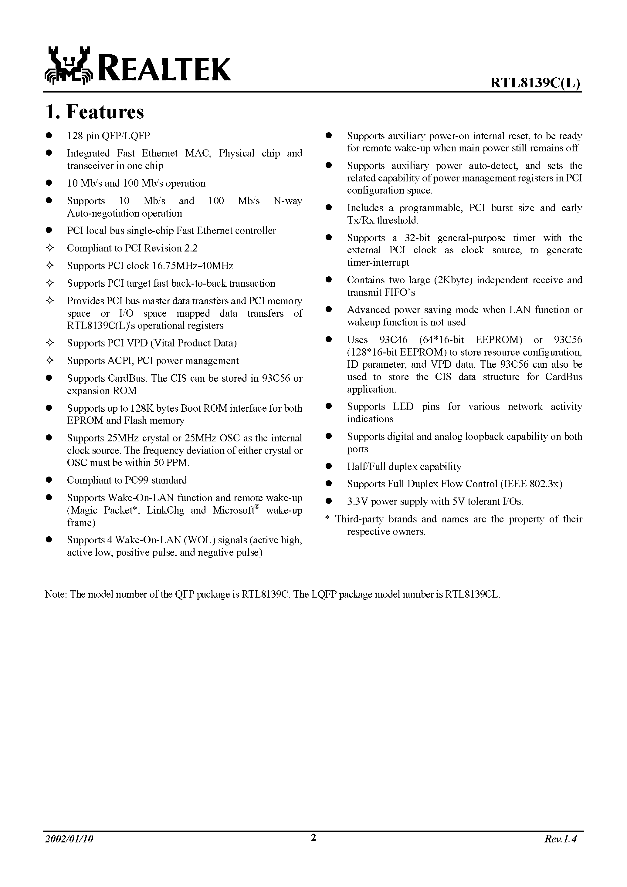 Datasheet RTL8139L - REALTEK 3.3V SINGLE CHIP FAST ETHERNET CONTROLLER WITH POWER MANAGEMENT page 2
