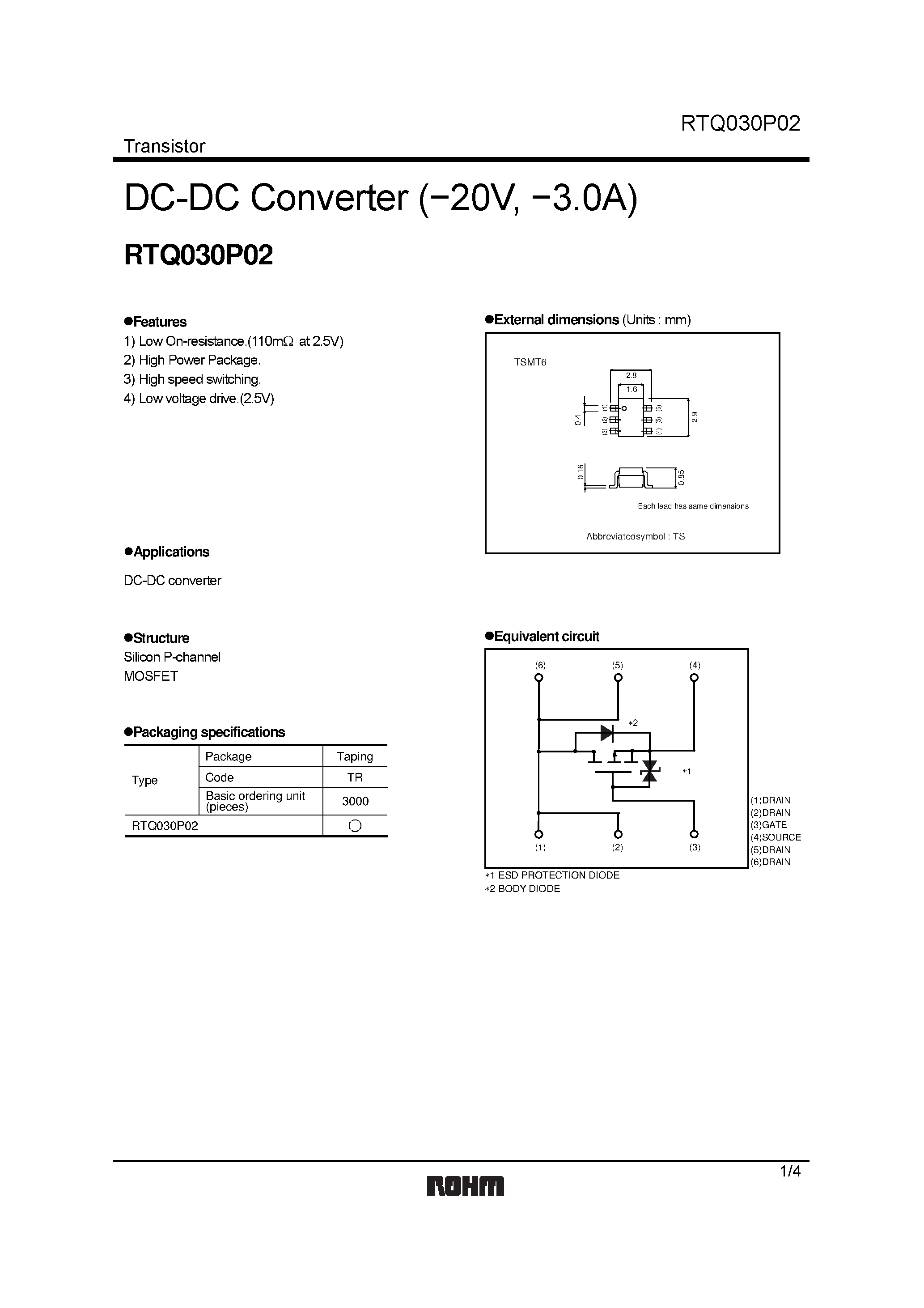 Datasheet RTQ030P02TR - DC-DC Converter (20V/ 3.0A) page 1