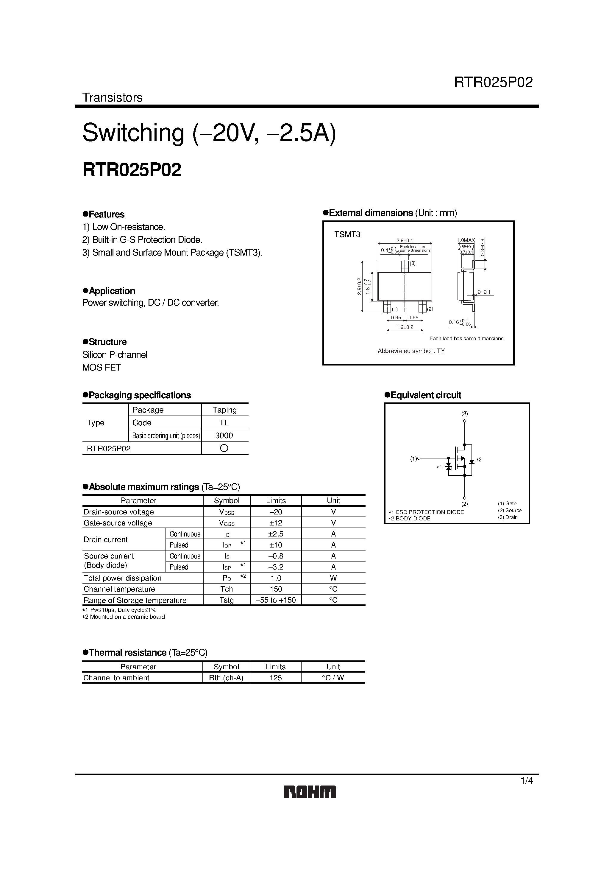 Даташит на микросхему RTR025P02 страница 1 Даташит RTR025P02 - Switching (20V/ 2.5A) страница 1