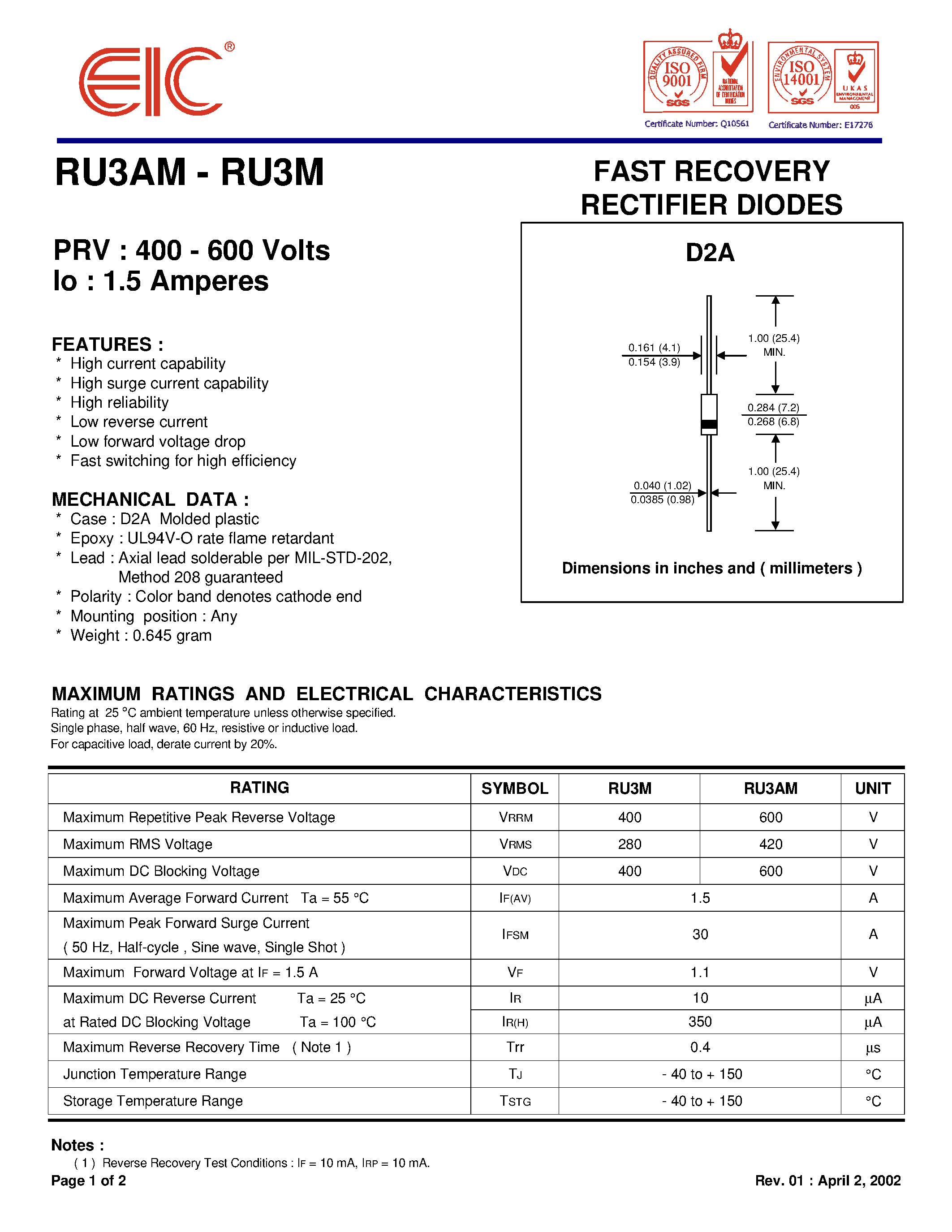 Даташит на микросхему RU3AM страница 1 Даташит RU3AM - FAST RECOVERY RECTIFIER DIODES страница 1