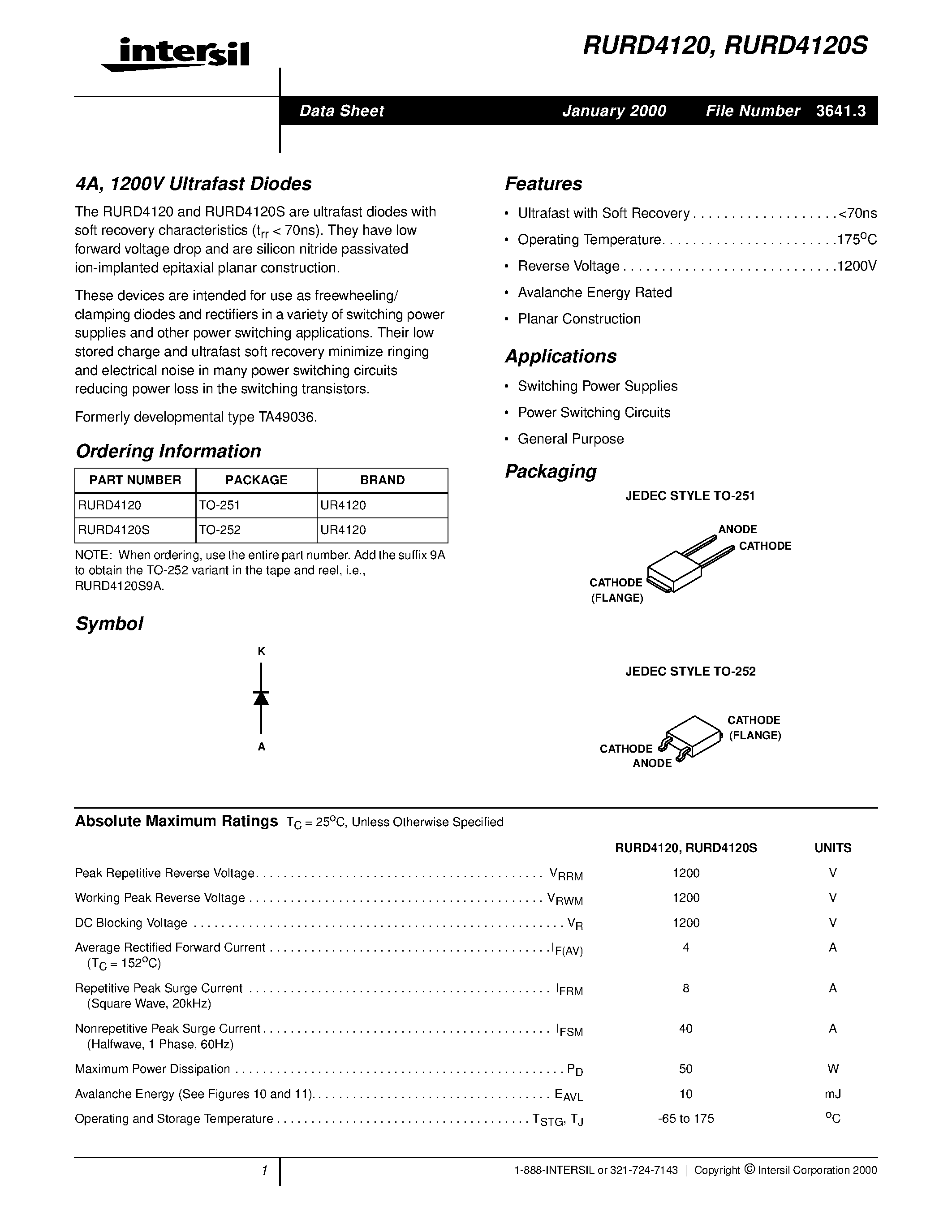 Даташит RURD4120 - 4A/ 1200V Ultrafast Diodes страница 1