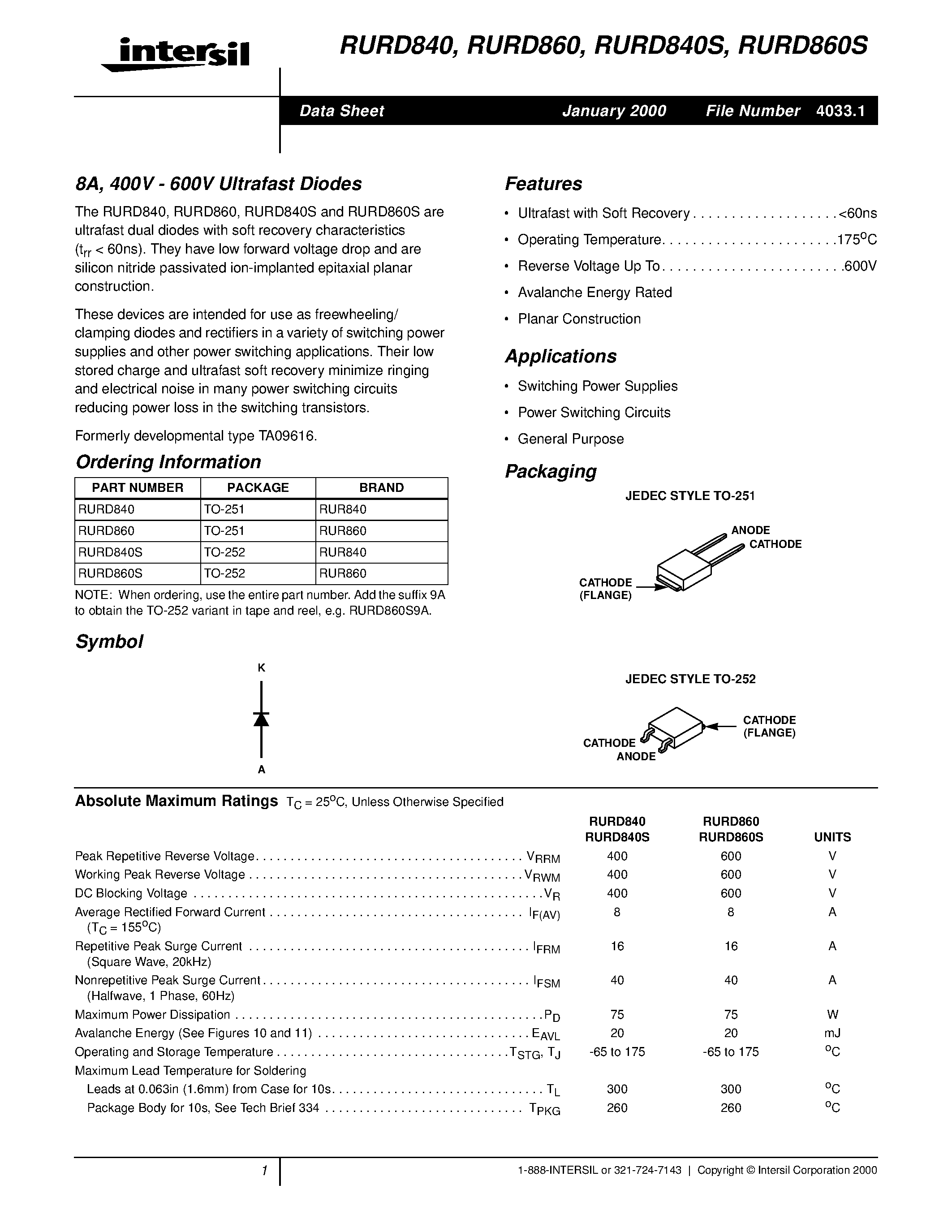 Даташит RURD860 - 8A/ 400V - 600V Ultrafast Diodes страница 1