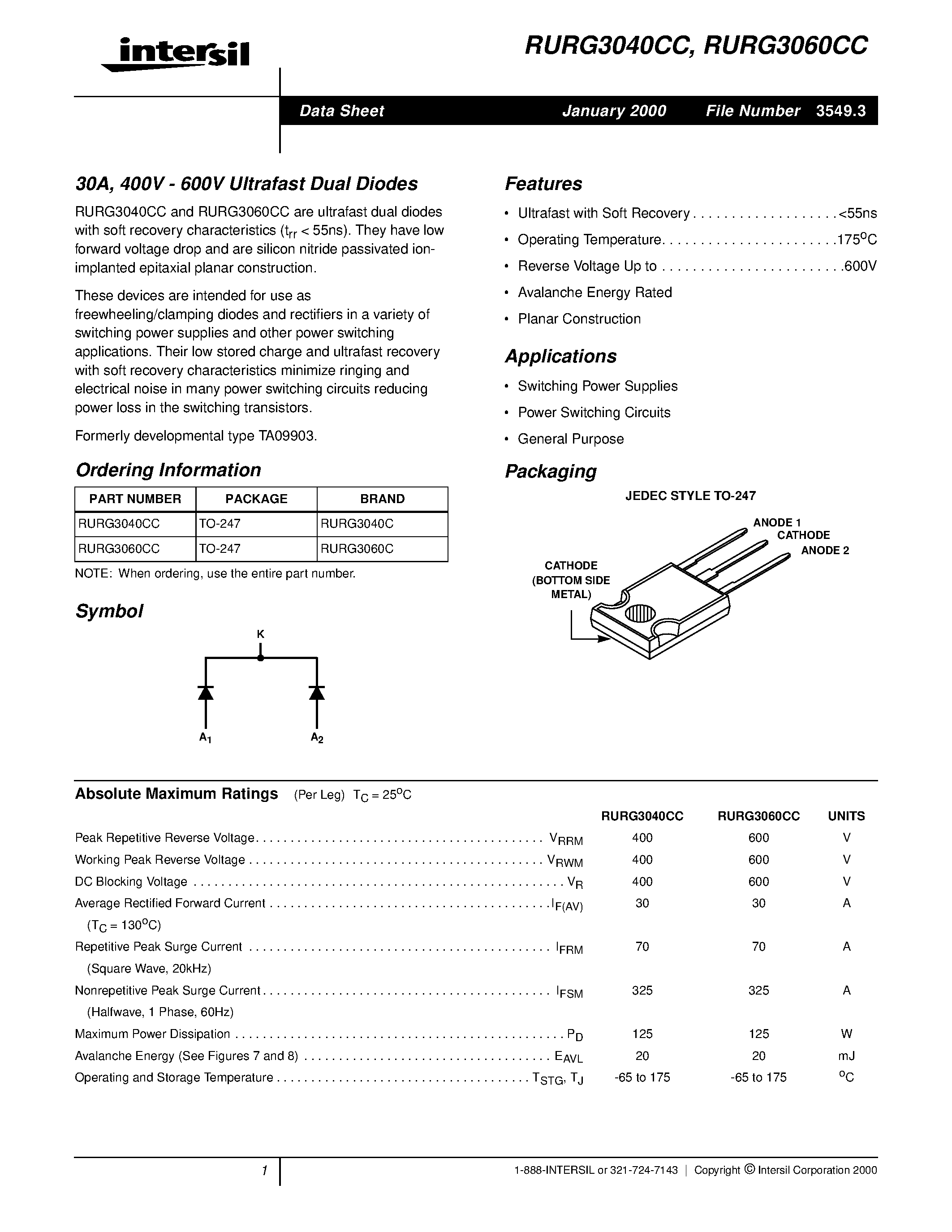 Даташит RURG3040 - 30A/ 400V - 600V Ultrafast Dual Diodes страница 1